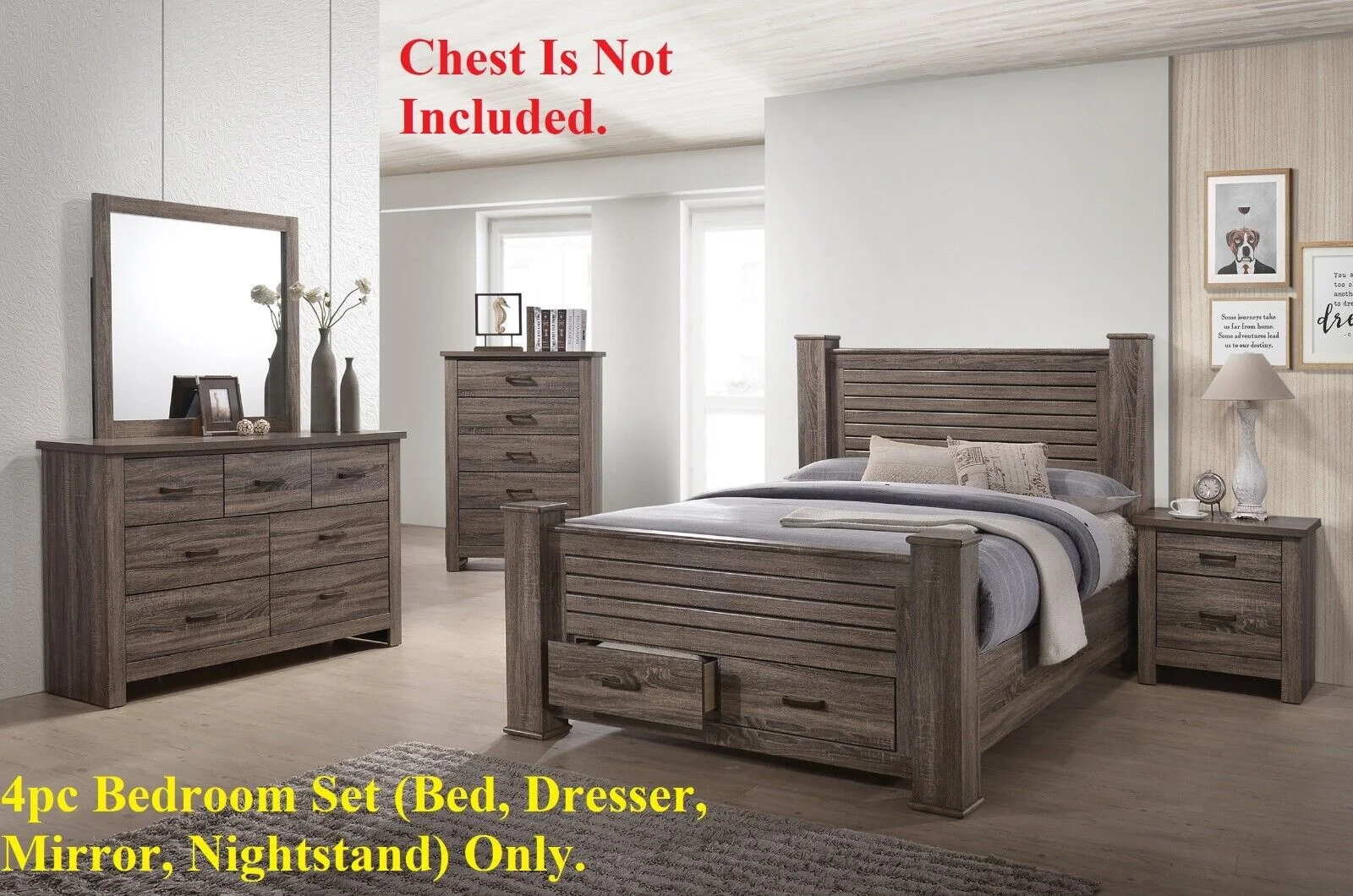 Transitional Wooden 4pc Bedroom Set Eastern King Size Bed Dresser Mirror Nightstand Bedroom Furniture Posts HB FB