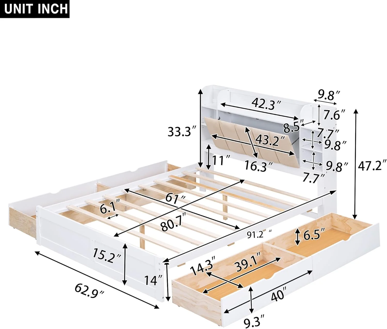 Wood Queen Bed With Drawers And Storage Headboard, Queen Platform Bed Frame With Bookshelf And Slats Support, For Kids Teens Adults (Queen Size,White)