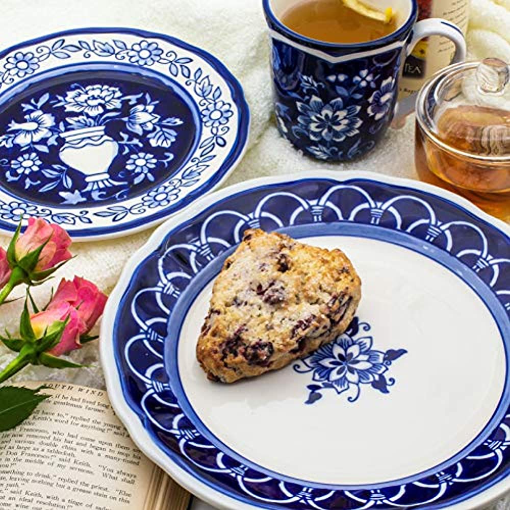 Euro Ceramica BGN-1001-DS Blue Garden Dinnerware Set, 16Piece, White