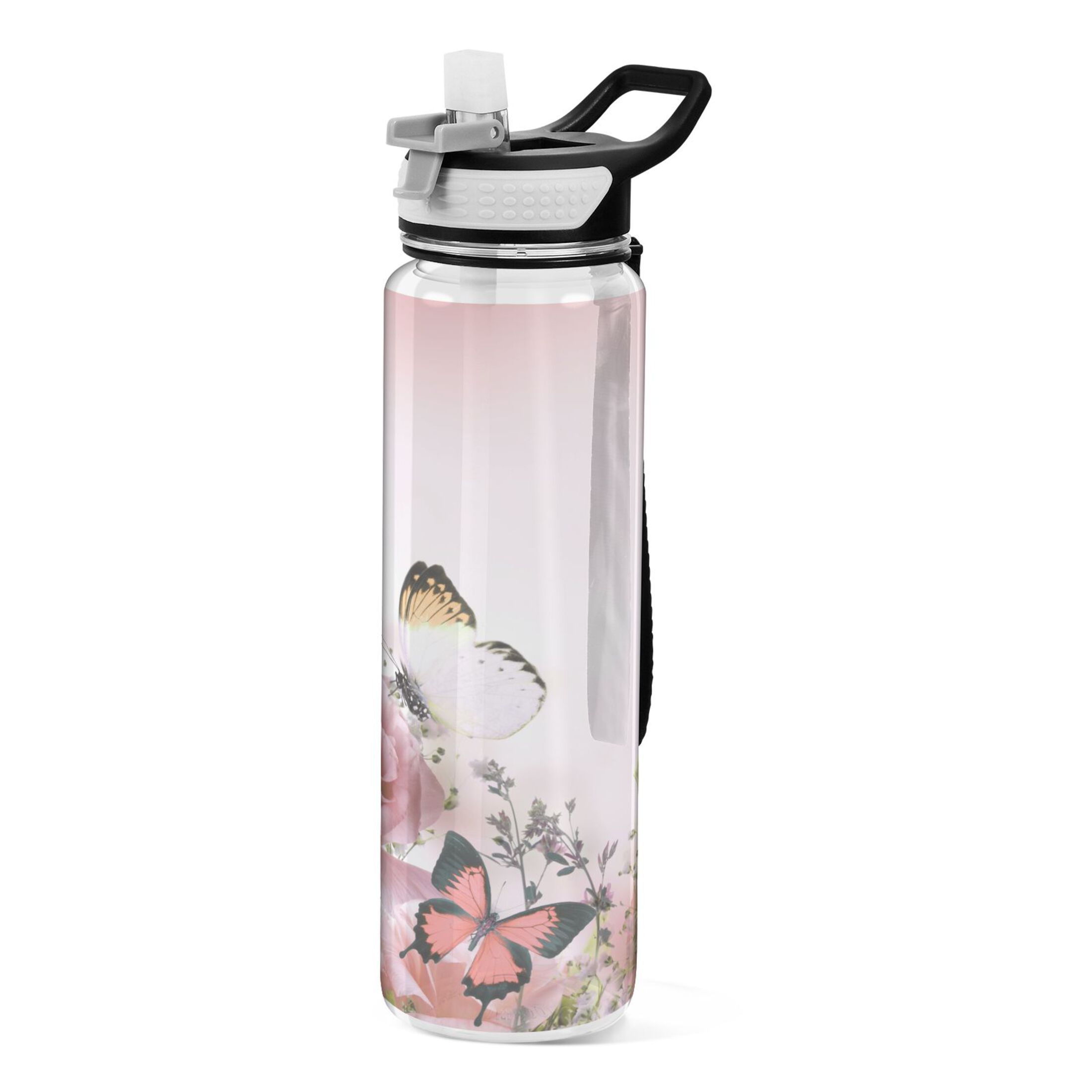 Pink Roses and Butterfly 32oz Sports Water Bottles Leakproof Tritan Bottle with Straw BPA Free Clear Bottle for Fitness Gym Outdoor Cycling