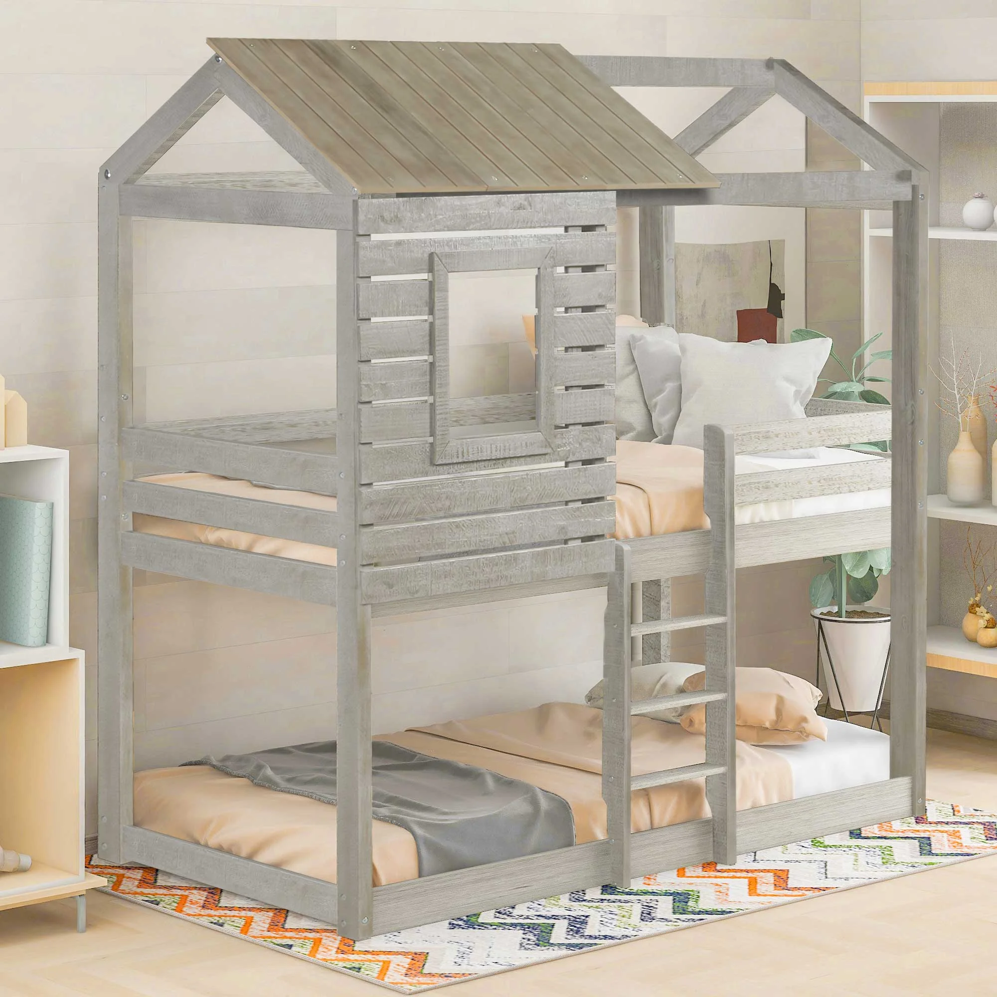 CoSoTower Twin Over Twin Bunk Bed Wood Loft Bed with Roof, Window, Guardrail, Ladder (Antique Gray )