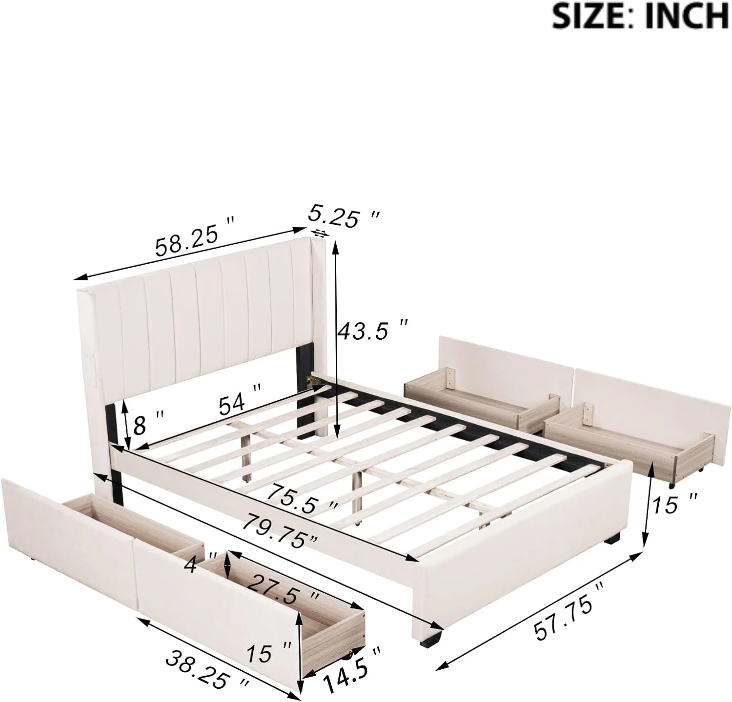 Full Size Velvet Upholstered Platform Bed with 4 Storage Drawers, Headboard & Side Pockets