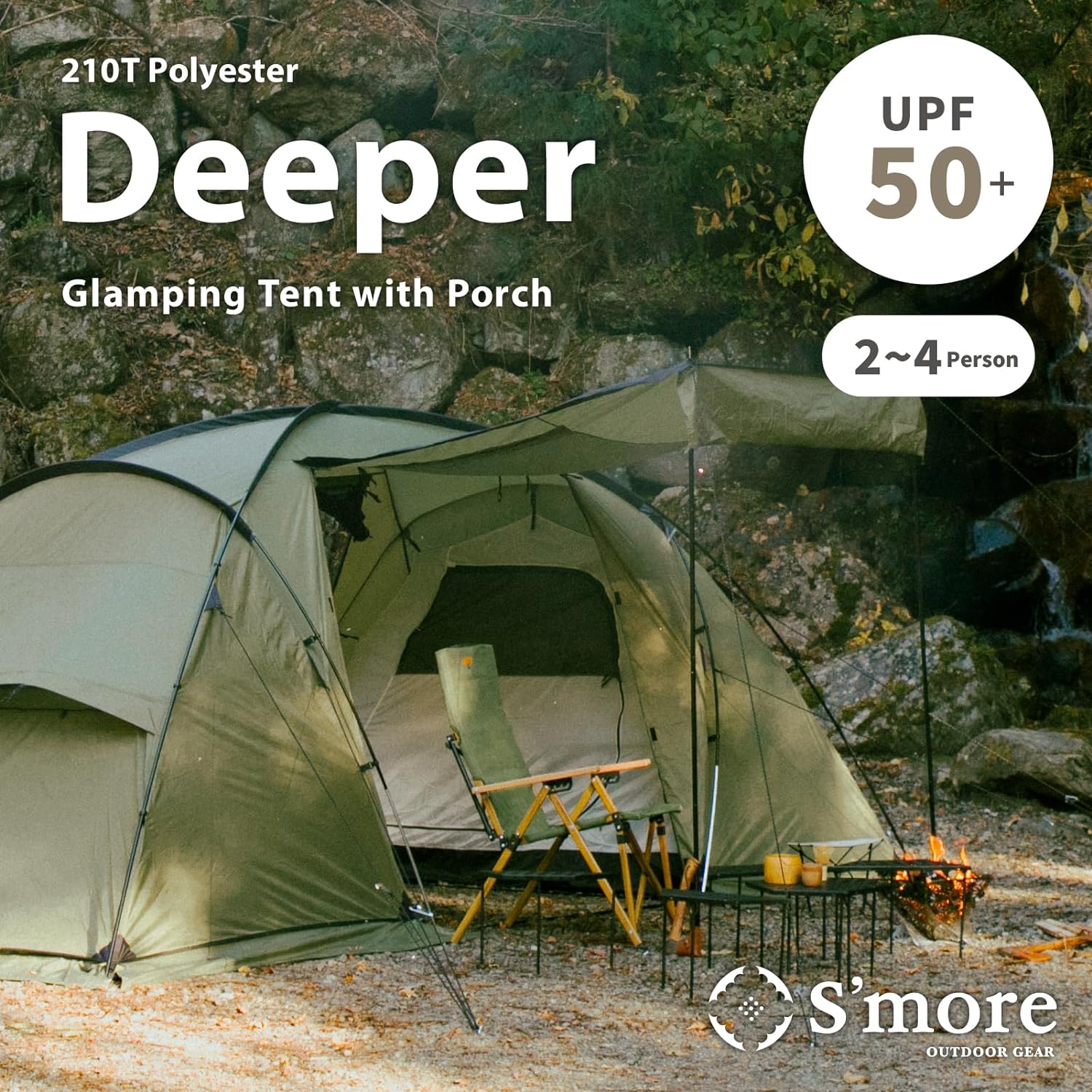 NANYUN Glamping Tent with Porch, 2/3/4/5/6 Person Durable Weatherproof Camping Tent, Large Family Tent with Room Divider, Easy Setup Tent with Screen Room