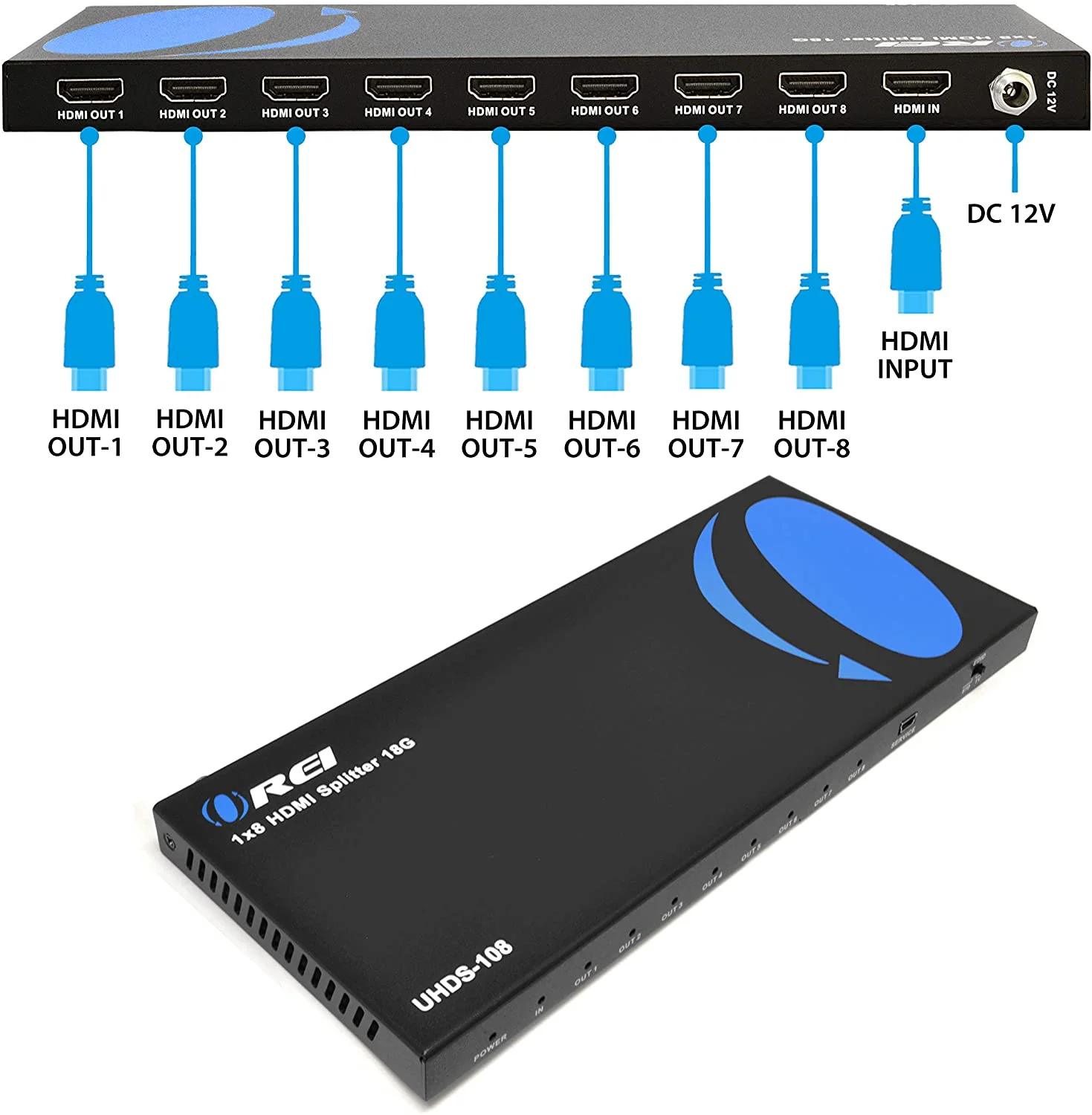 OREI 4K 1 in 8 Out Hdmi Splitter 4:4:4 8-bit - Hdmi 2.0, Hdcp 2.2, 18 Gbps, 4K @ 60Hz HDMI Duplicator/Distributor (1x8)