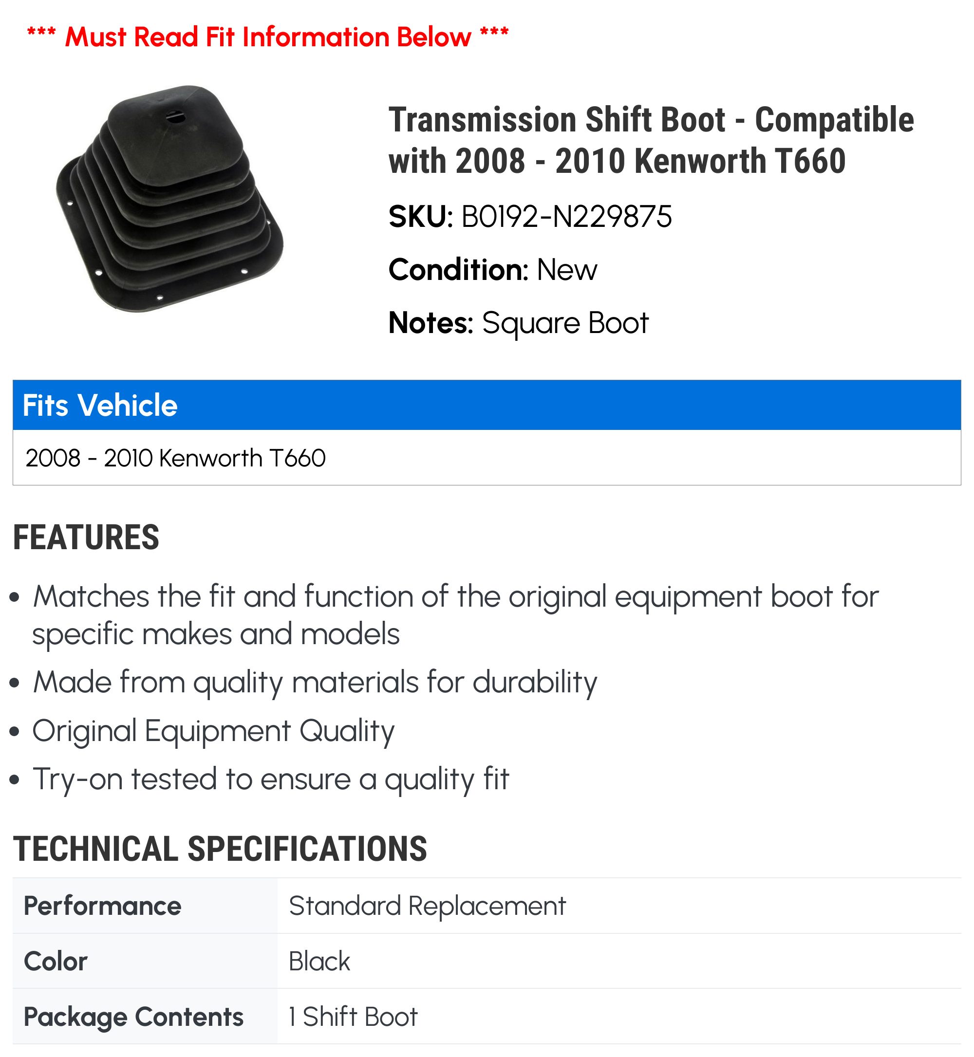 Transmission Shift Boot - Compatible with 2008 - 2010 Kenworth T660 2009
