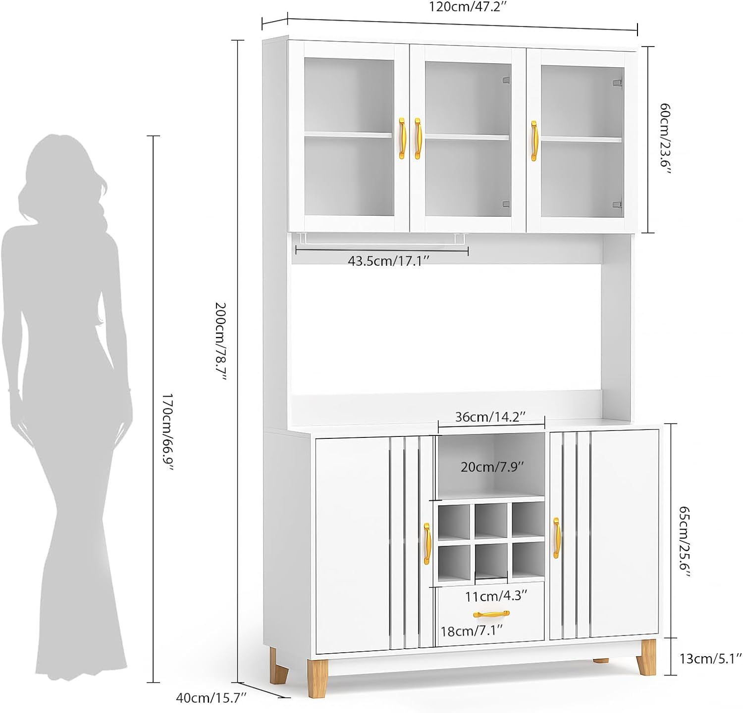 RUNFAYBIU 78.7" Tall Kitchen Pantry Cabinet with Microwave Stand  Freestanding Hutch with Cup Holder  Wine Rack and 1 Drawer  Buffet Cupboard for Kitchen  Dining Room  White