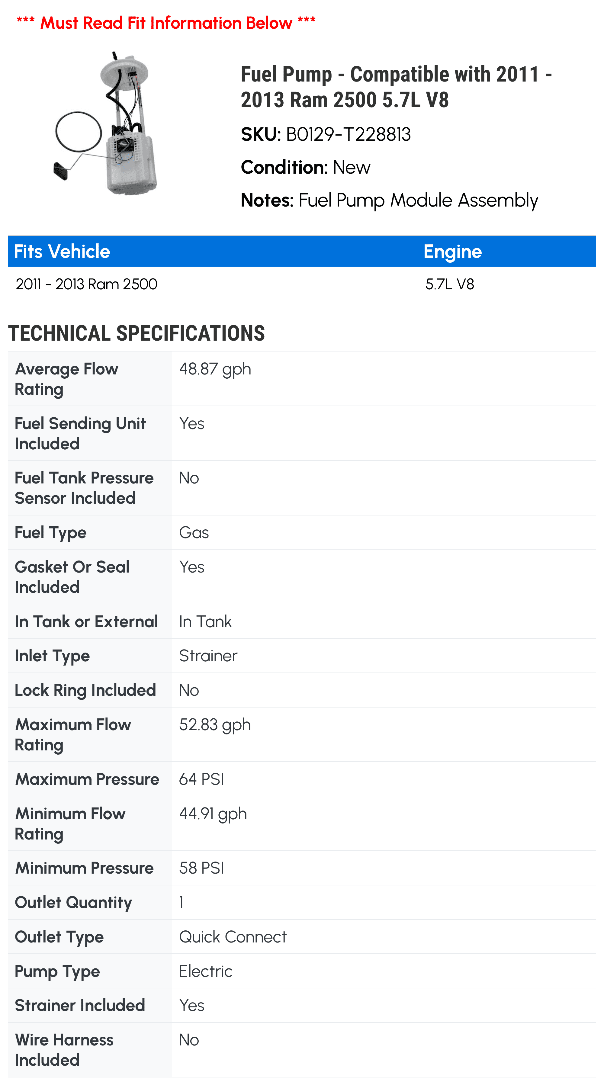 Fuel Pump - Compatible with 2011 - 2013 Ram 2500 5.7L V8 2012