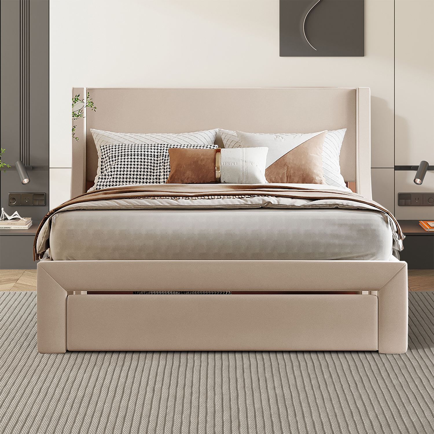 Elegant and Minimalist Style Full Size Velvet Fabric Upholstered Platform Bed with A Big Drawer, Beige
