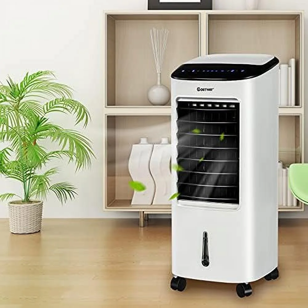 Portable Evaporative Air Cooler For Room, Control, 3-Mode, 7.5H Timer, Include Ice Crystal Boxes, Casters And Water Tank, Bladeless Swamp Cooler For Home Office, Indoor Use, White