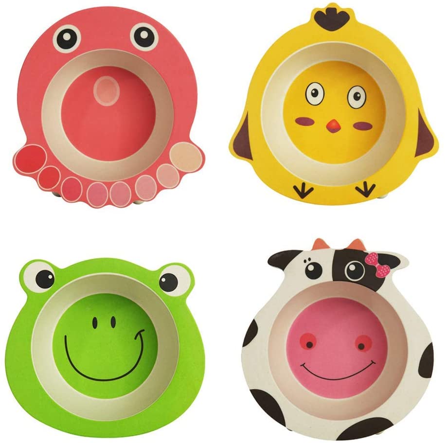 4Pack Bamboo Bowls Reusable Tableware Cereal Bowls Noodle Snack Bowl Dinnerware Set(Frog,Octopus,Cow,Chicken)
