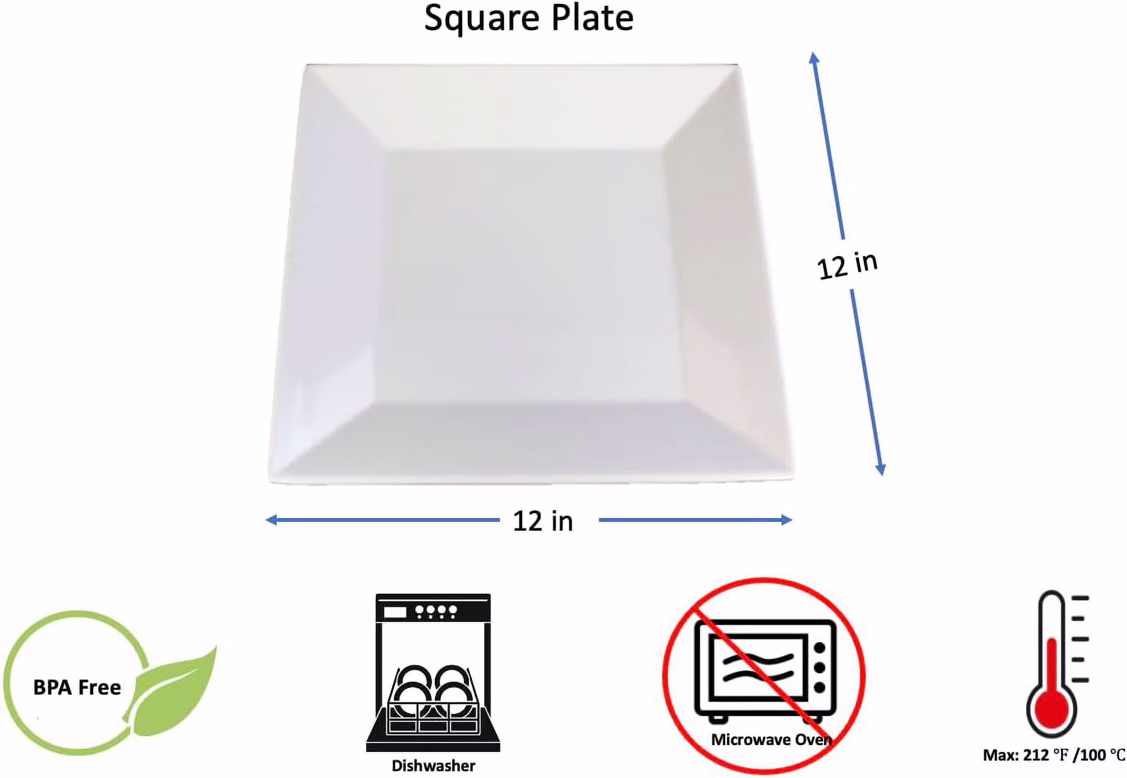 Catering Cafeteria Buffet Melamine Square Plate, White, 10.5