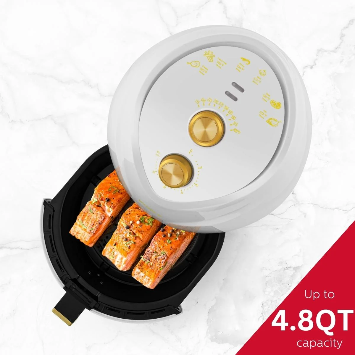 Holstein Housewares 4.8QT Air Fryer - Convenient and User Friendly with Optimal Cooking Functions to Fry, Bake, Grill and Roast, White and Gold