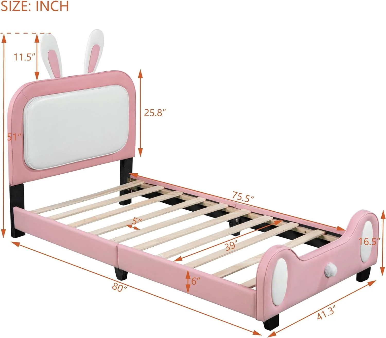 Size Upholsered  Bed, Faux Leaher Plaform Bed Wih Buy-Shape Headboard, Kids Low Bed Frame Wih Fooboard Ad Slas Suppor For Girls ees