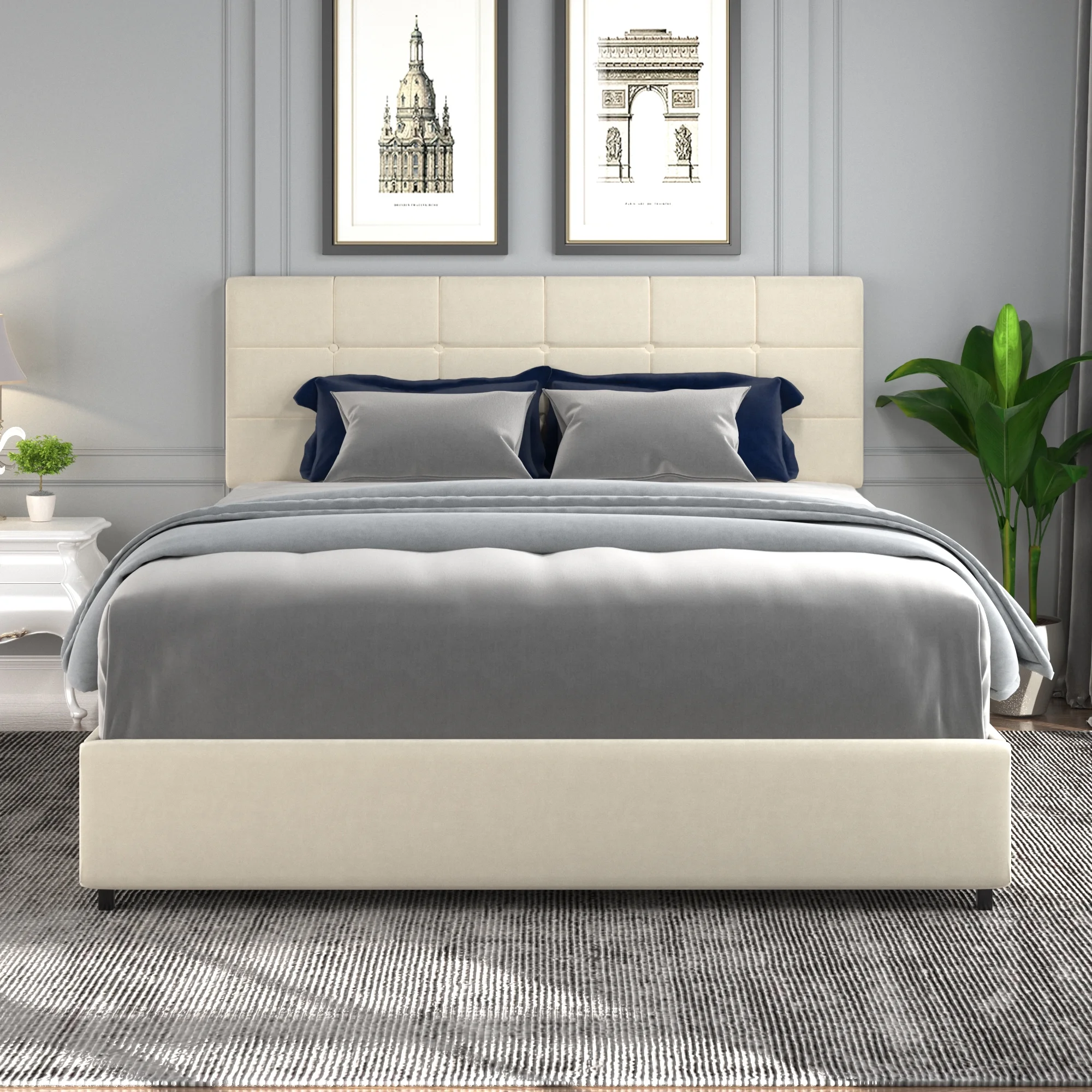 Momspeace Queen Size Bed with Headboard and 4 Drawers Storage, Velvet Upholstered Platform Bed, Ivory