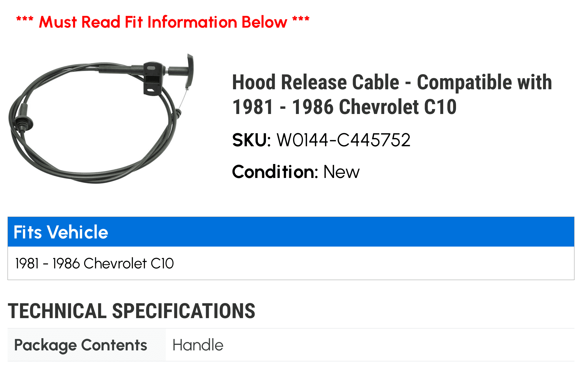 Hood Release Cable - Compatible with 1981 - 1986 Chevy C10 1982 1983 1984 1985