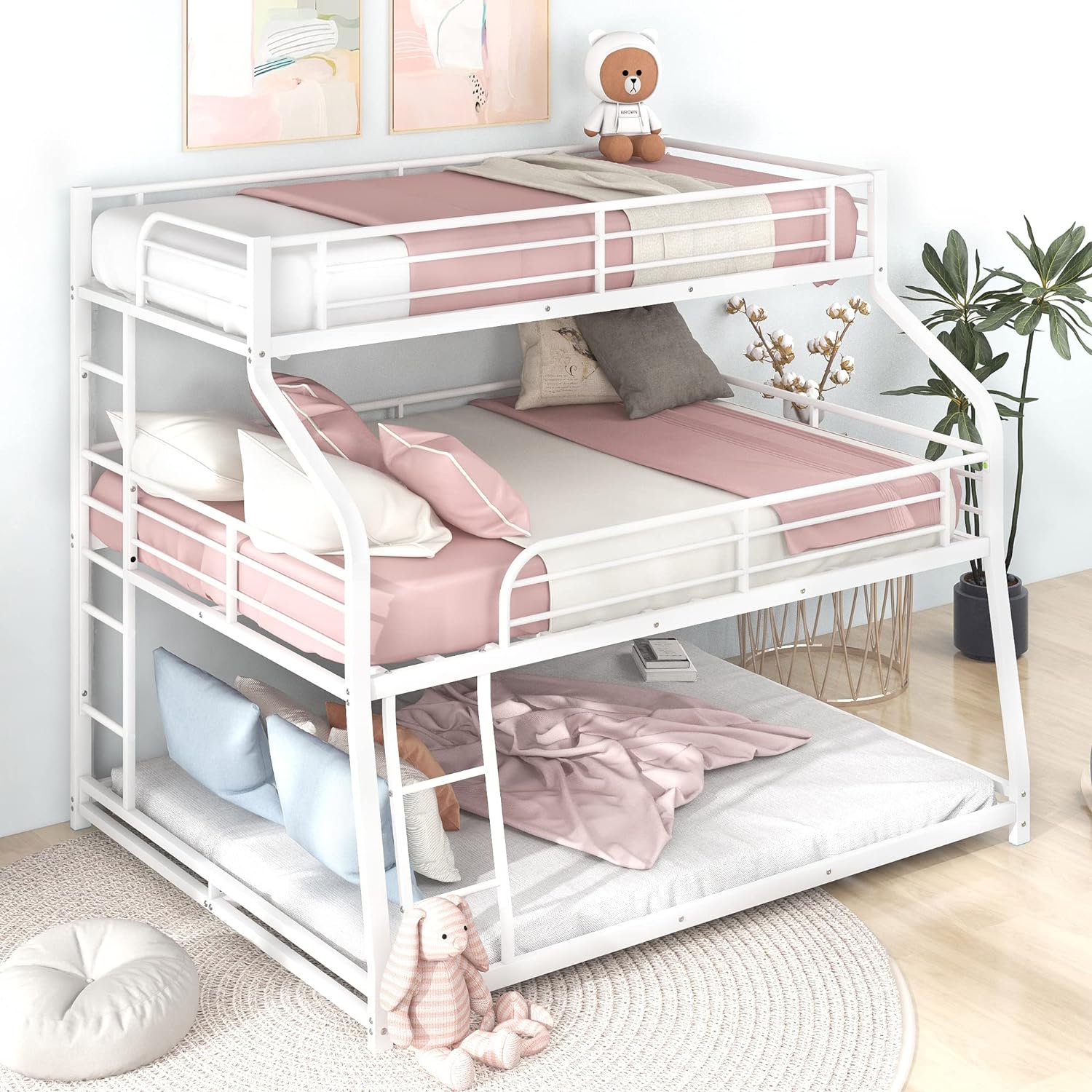 Triple Bed Metal XL-Over-Full XL-Over-Queen Bed Bunk Bed With Ladders, Bunk Bed For Family, Teens,No Box Spring Needed