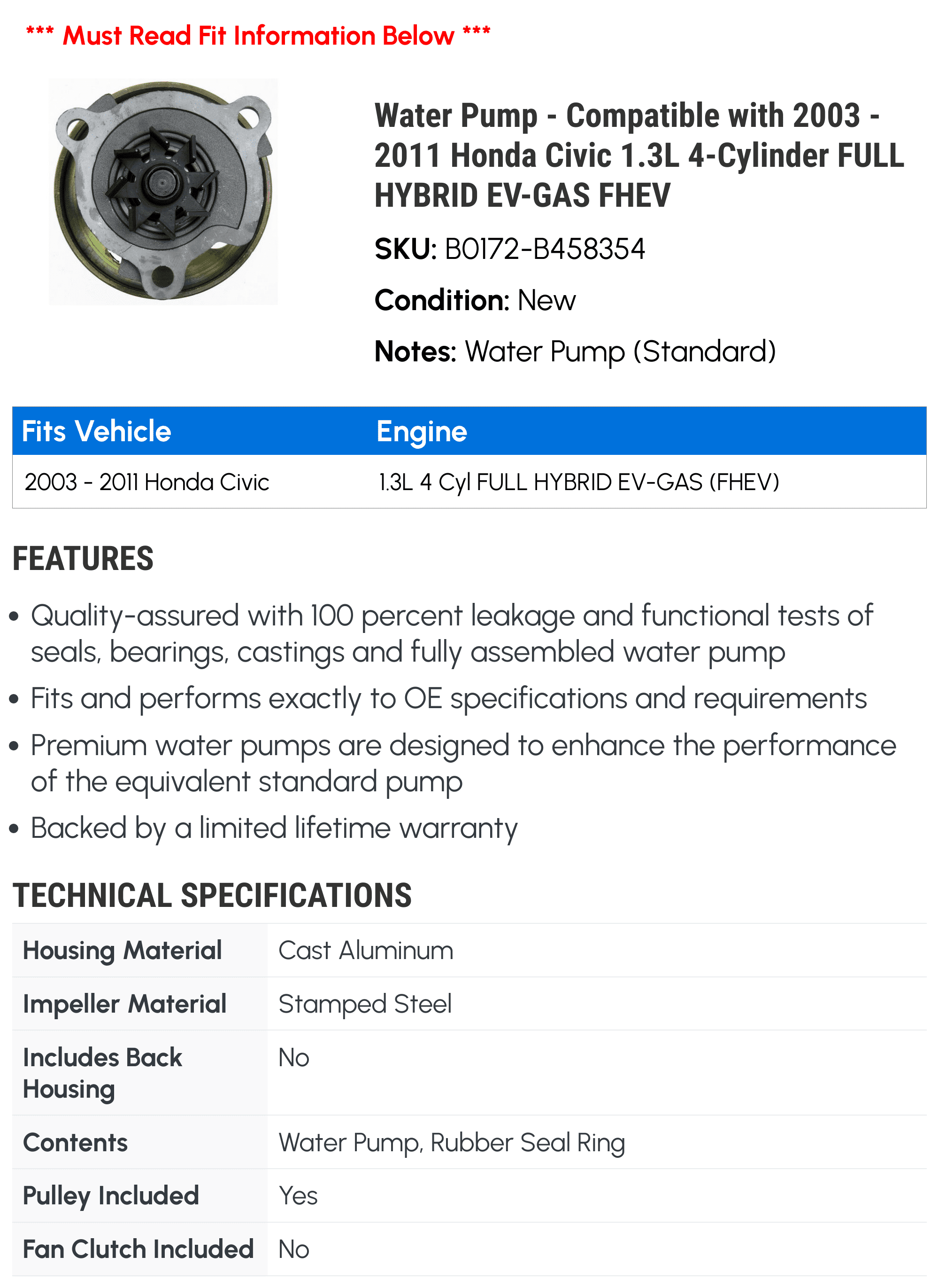 Water Pump - Compatible with 2003 - 2011 Honda Civic 1.3L 4-Cylinder FULL HYBRID EV-GAS FHEV 2004 2005 2006 2007 2008 2009 2010