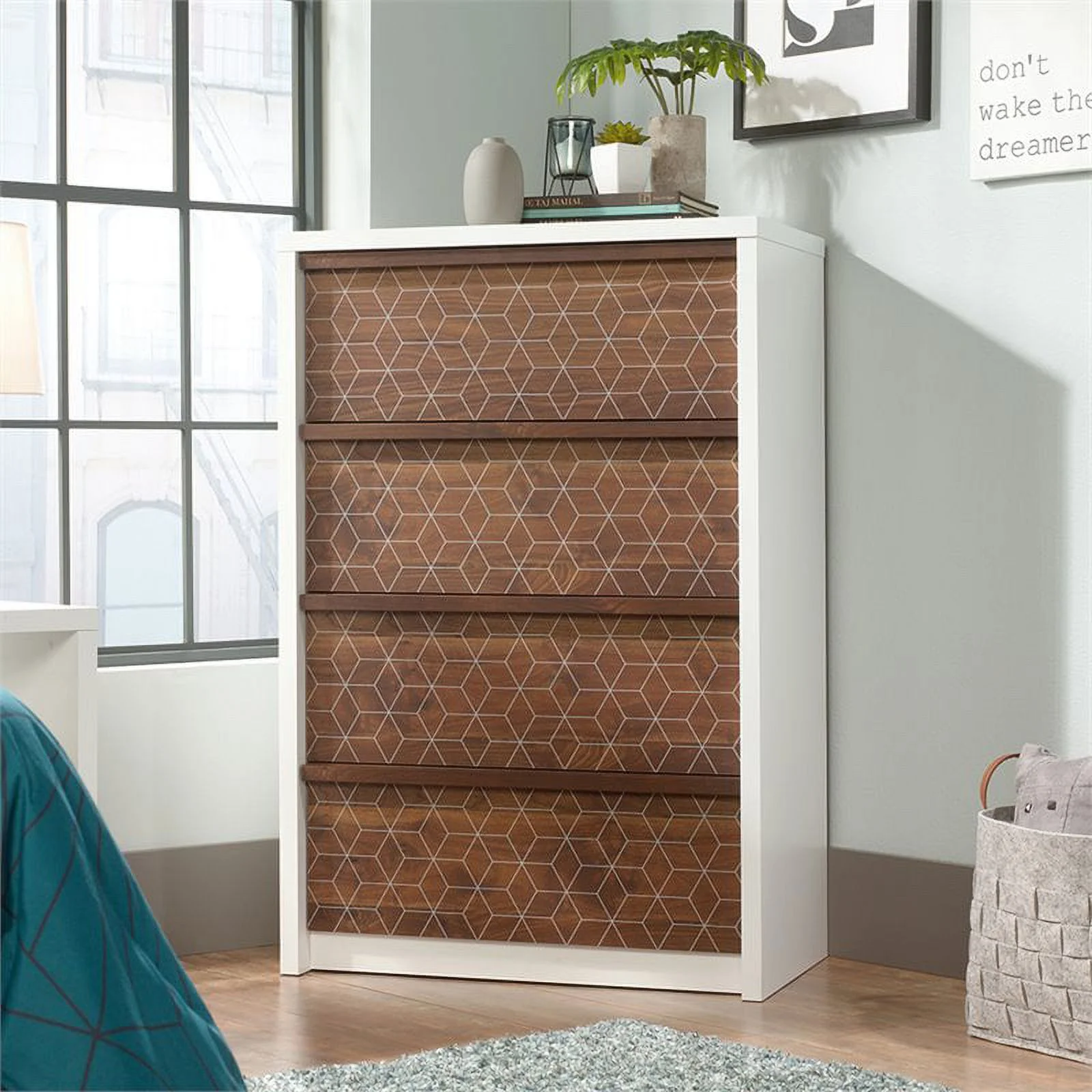 Pemberly Row 4-Drawer Engineered Wood Chest in Soft White/Grand Walnut