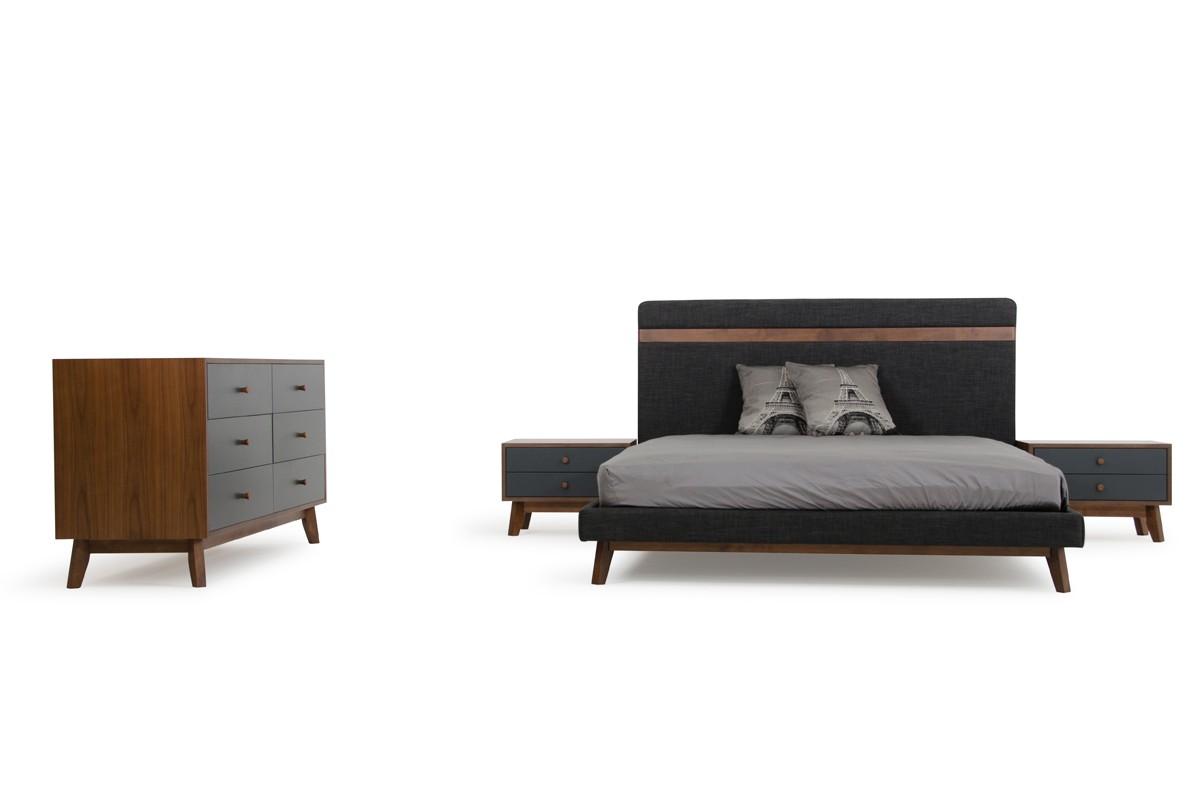 Modern Grey Fabric & Walnut Queen Size Bedroom Set 3 Pcs VIG Nova Domus Dali