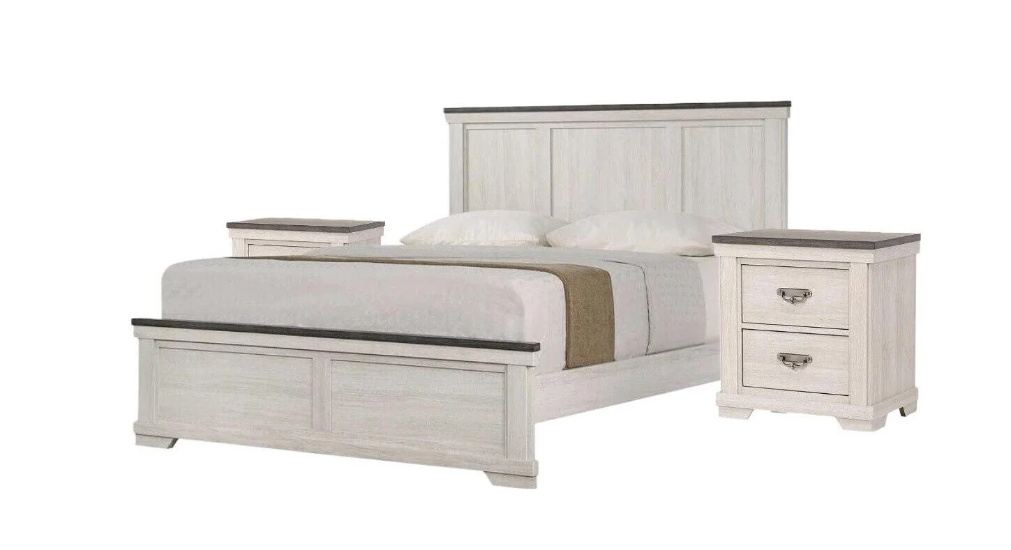 Contemporary 3pc Panel King Size Bed and 2x Nightstand Bedroom Set Wooden Furniture Chalk Finish