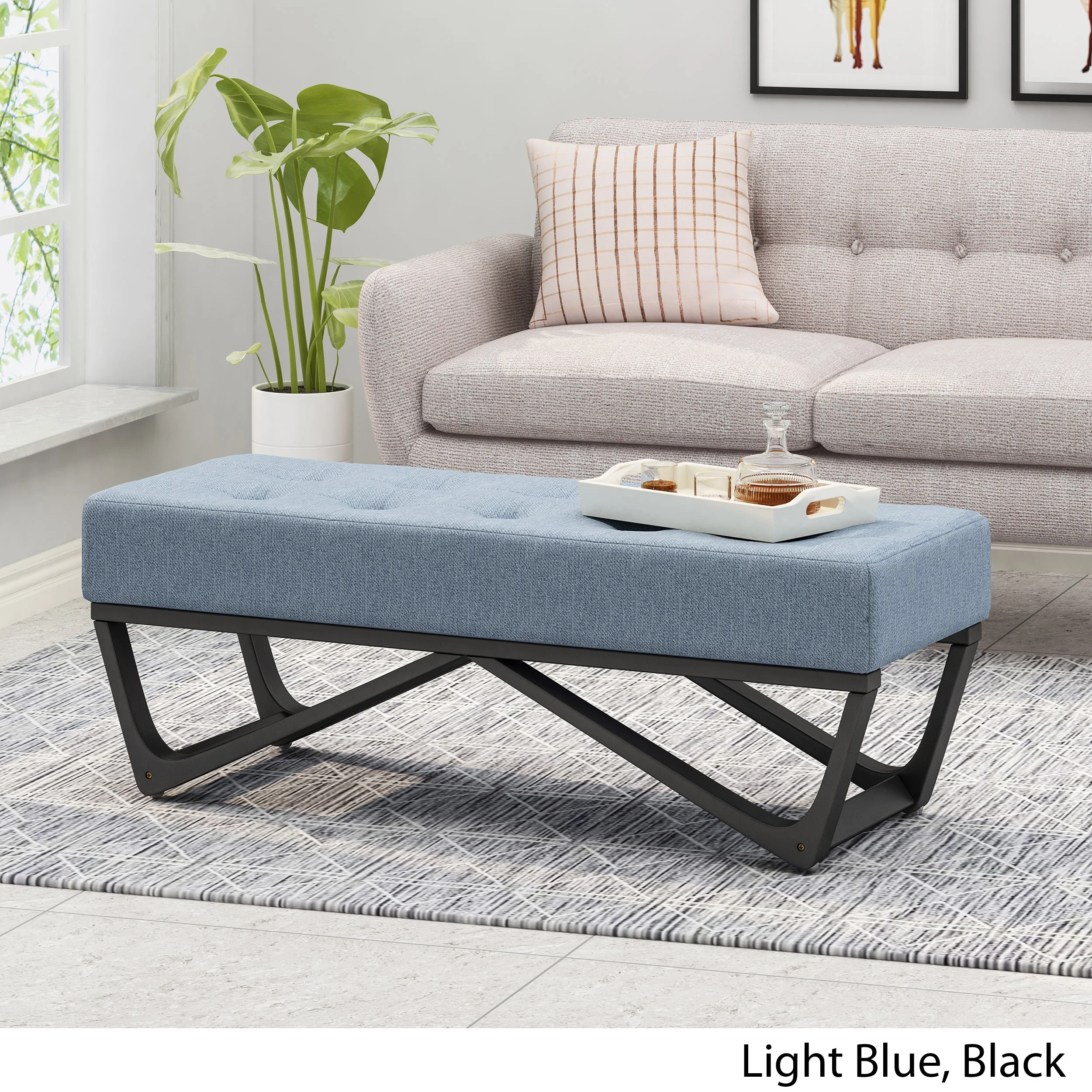 Noble House Dimitri Contemporary Fabric Ottoman Bench, Light Blue and Black