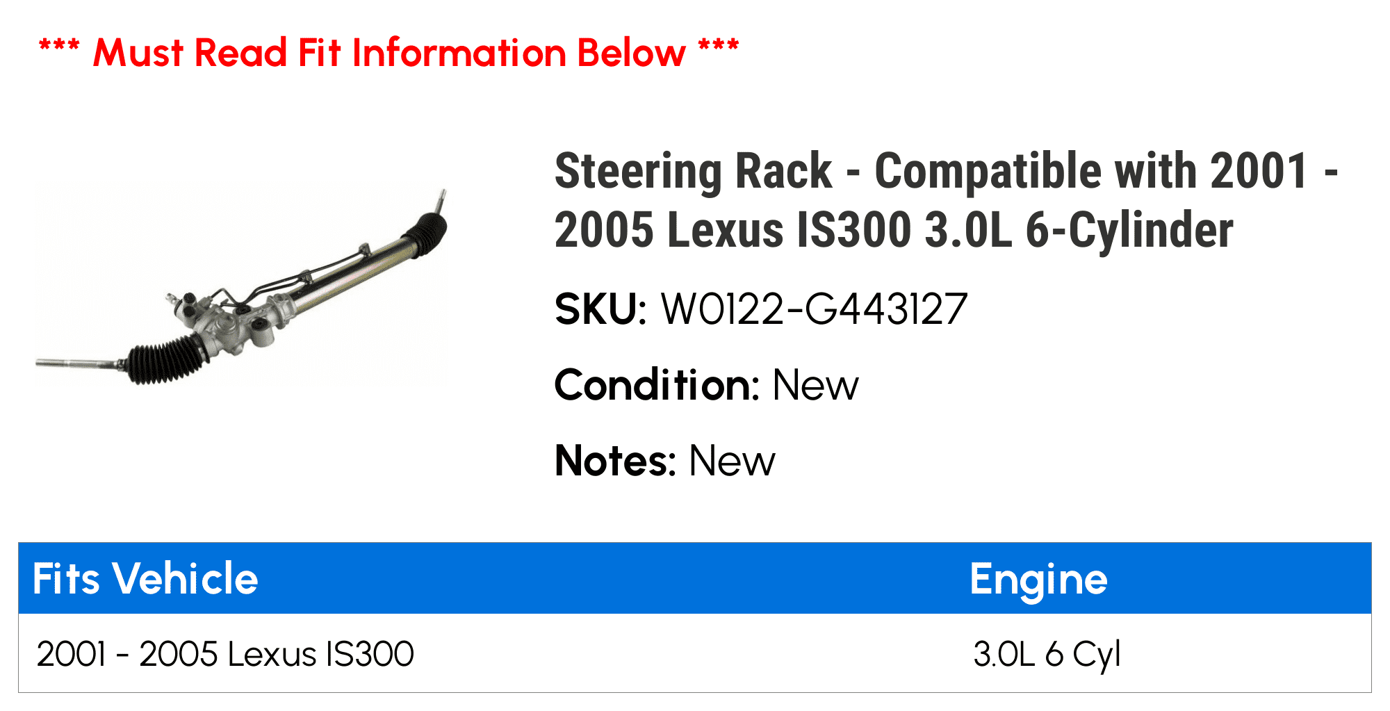Steering Rack - Compatible with 2001 - 2005 IS300 3.0L 6-Cylinder 2002 2003 2004