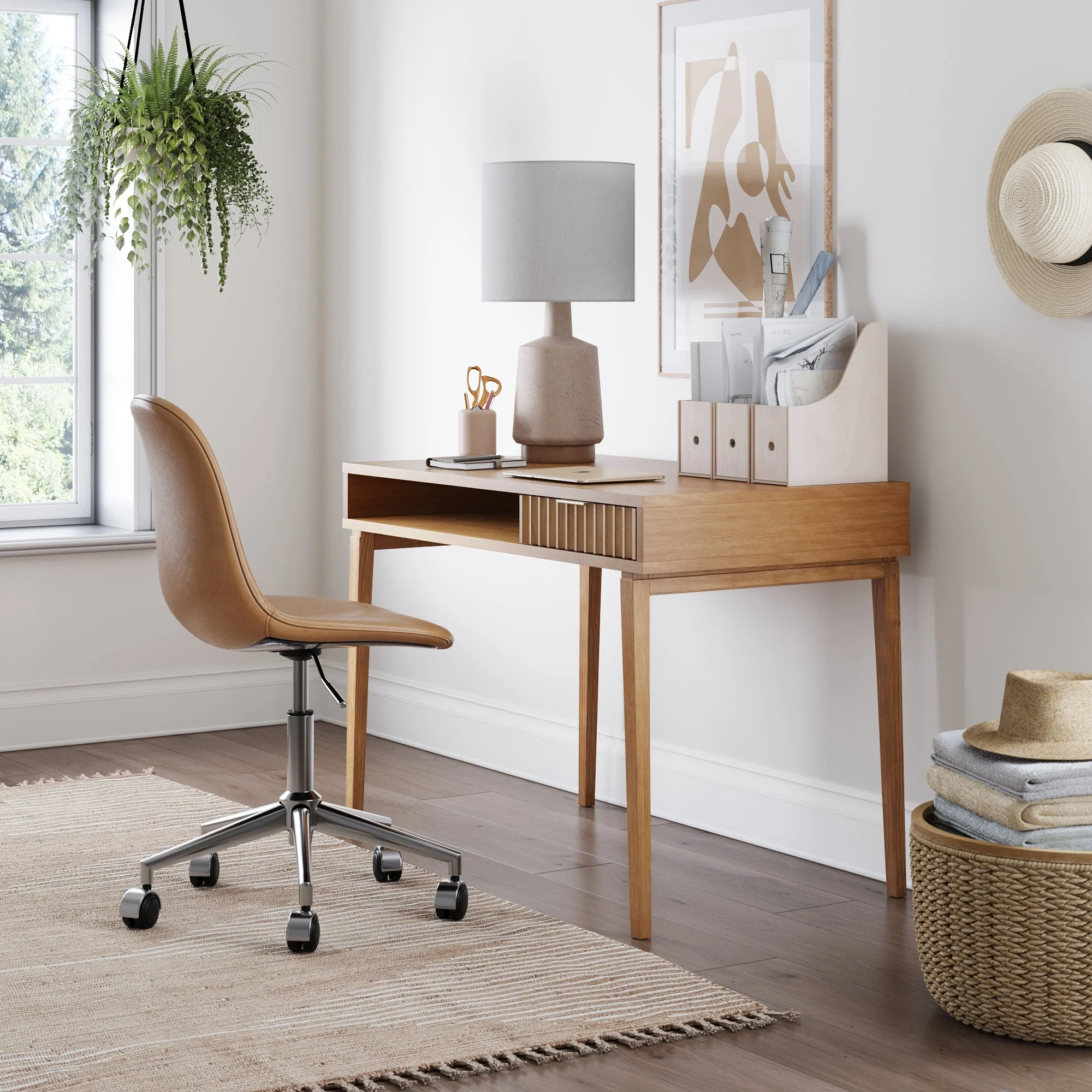 Nathan James Jasper Small Home Office Desk with Storage, Bohemian Writing Desk with Drawer and Open Cubby, Natural Brown