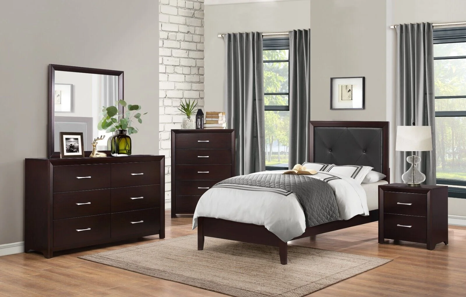 Contempoarary Style Bedroom 4pc Set Twin Size Bed Nightstand Dresser Mirror Espresso Finish Furniture