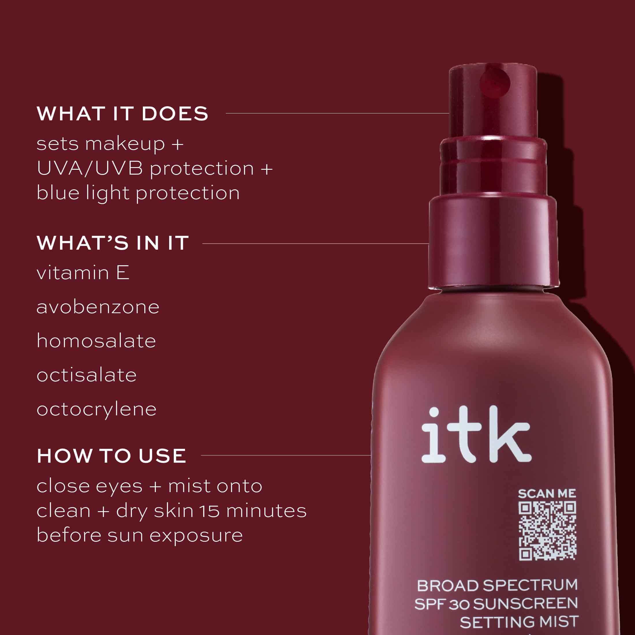 ITK Broad Spectrum SPF 30 Sunscreen Setting Mist with Vitamin E | Reef Safe, 3.3 oz