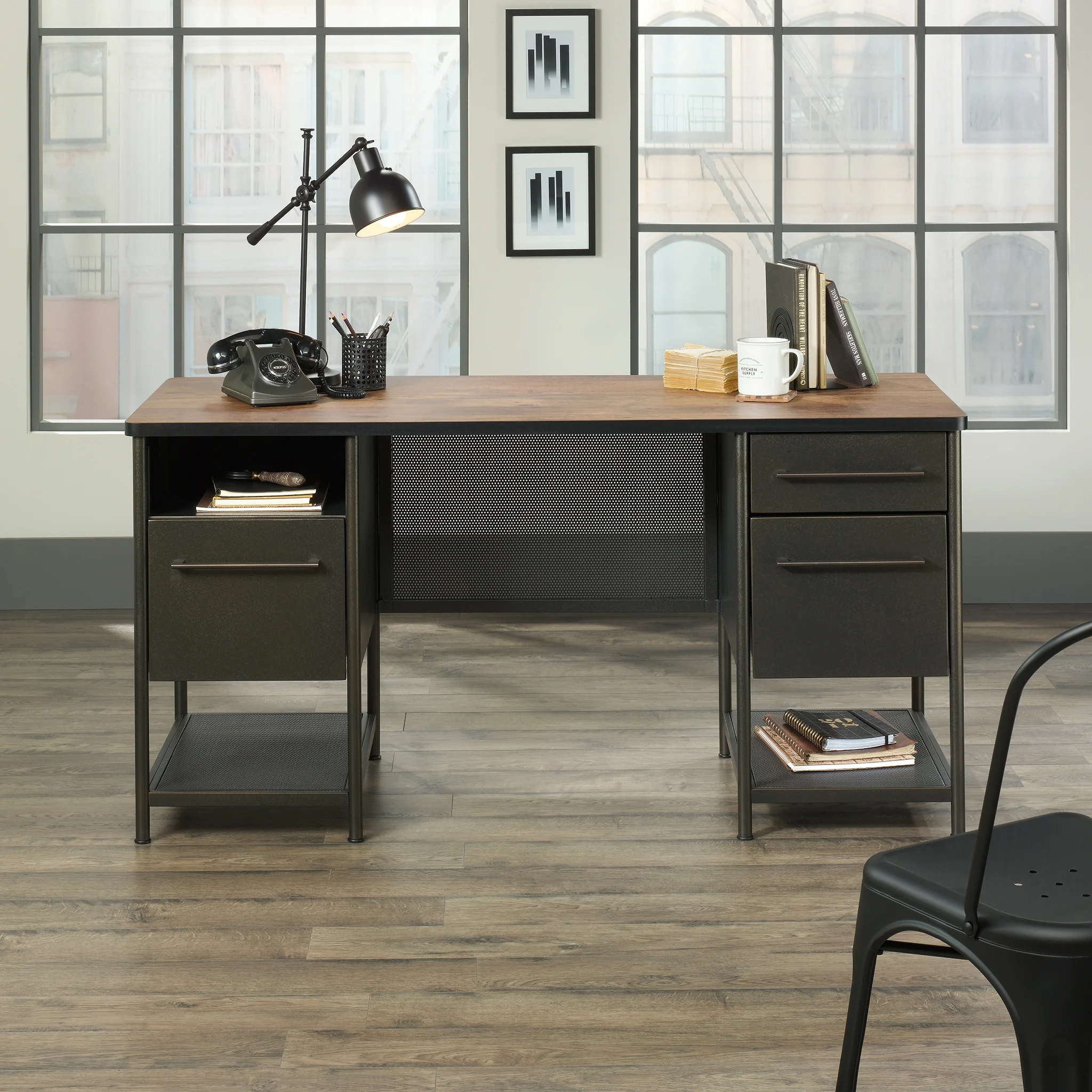 Sauder Boulevard Cafe Industrial Executive Desk, Black Finish