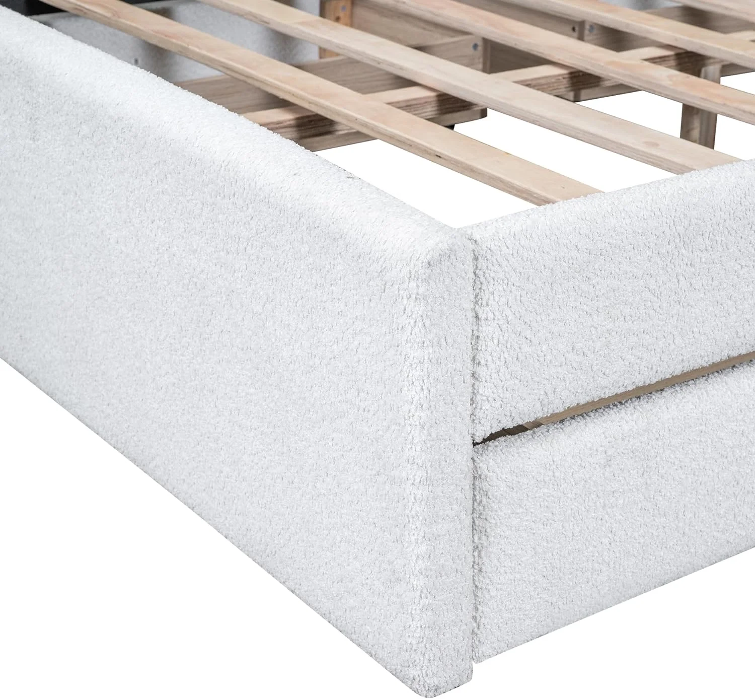 Full Size Teddy Upholstered Platform Bed with Four Drawers Underneath,Twin Bed Frame with Curve-Shaped Headboard,White