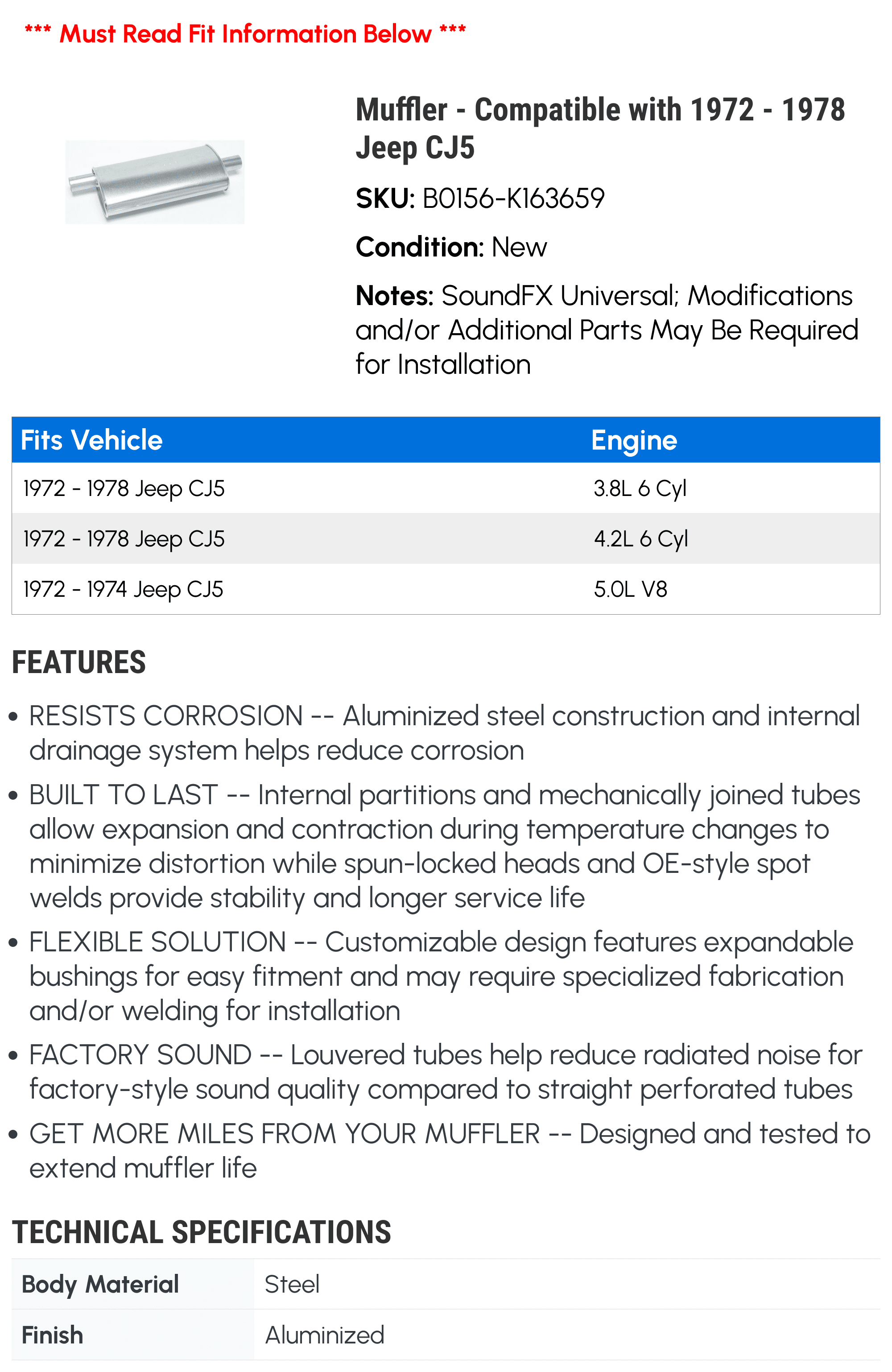 Muffler - Compatible with 1972 - 1978 Jeep CJ5 1973 1974 1975 1976 1977