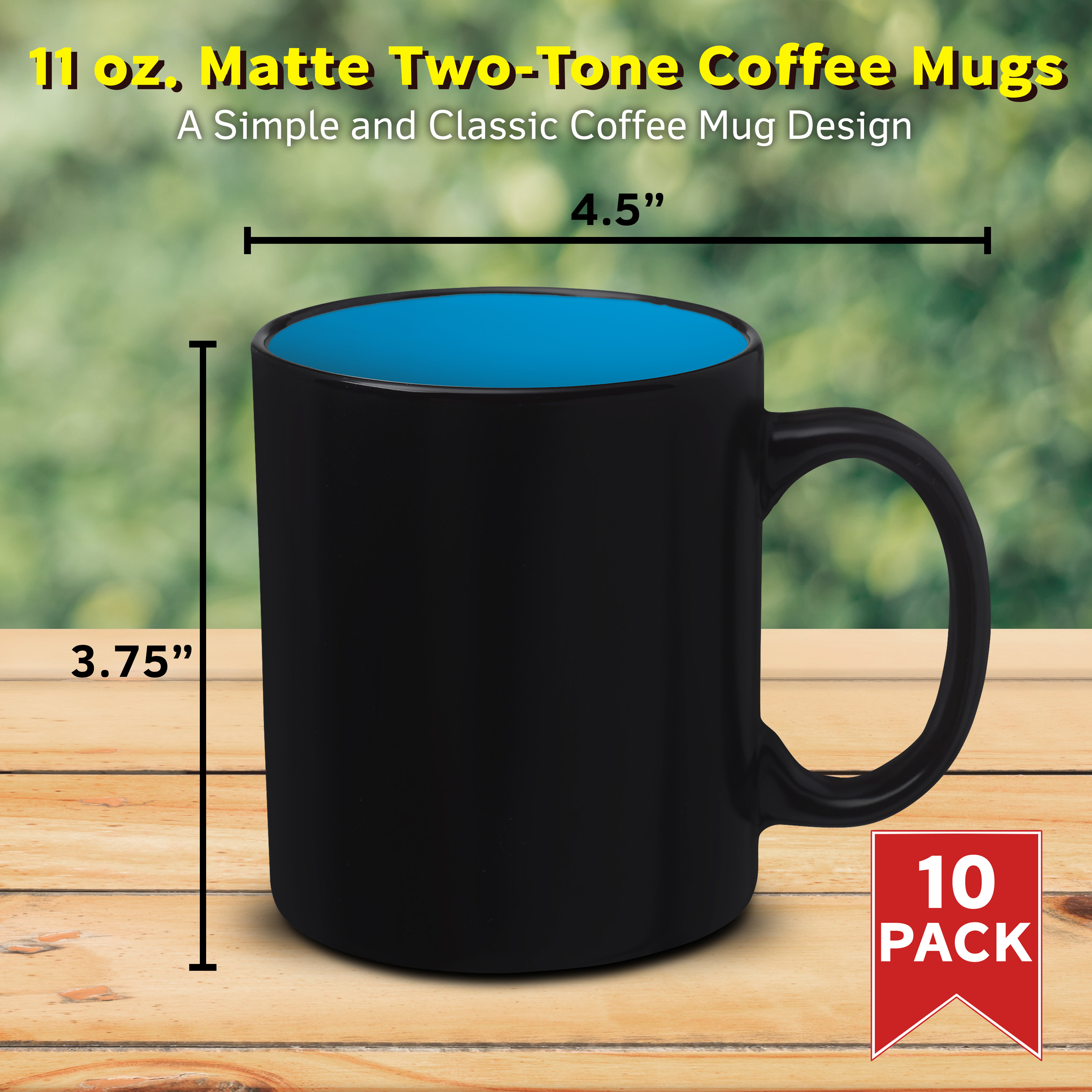 10 Matte Two-Tone Coffee Mugs Set, 11 oz. - Stoneware, Drinkware, Durable, C-handle - Blue