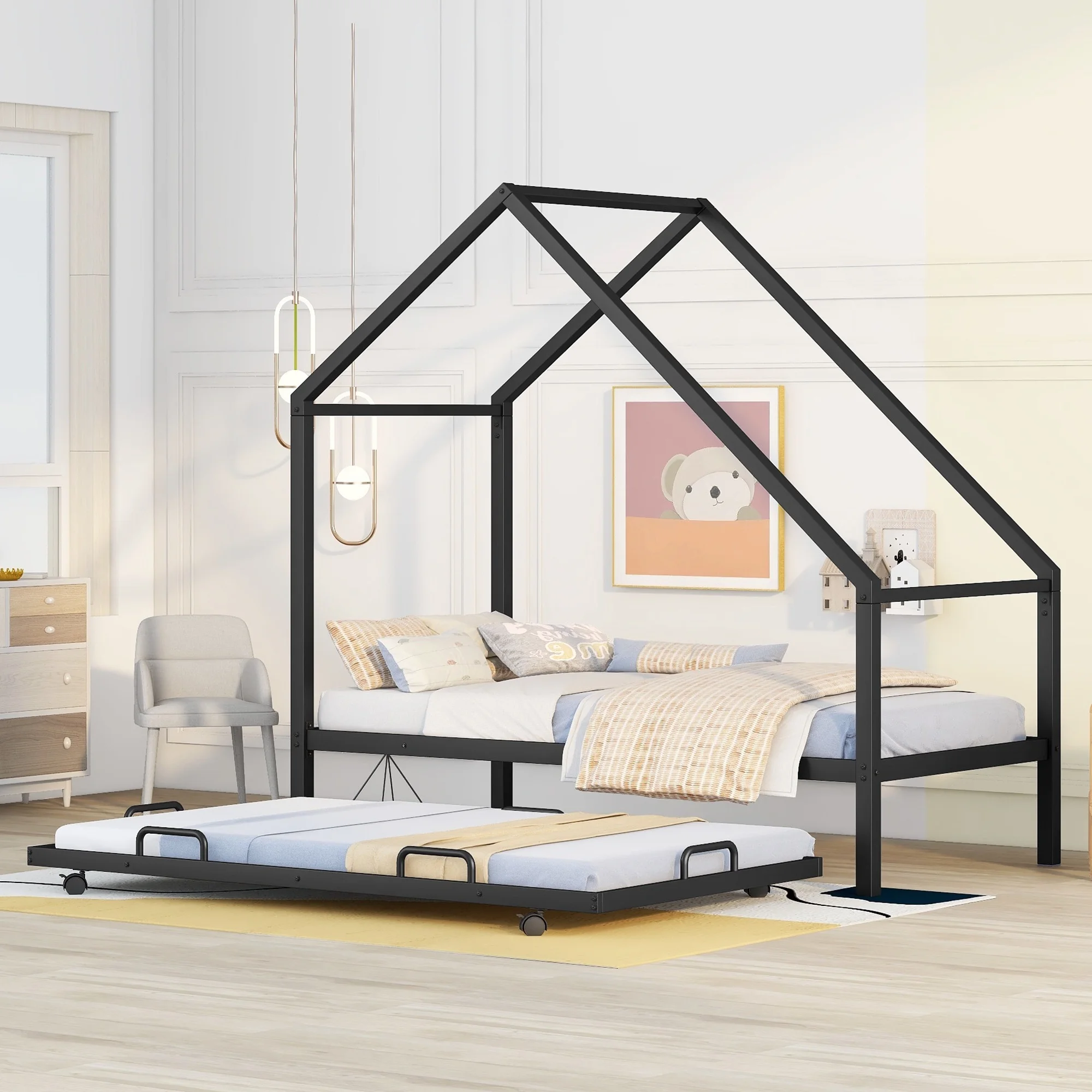 CoSoTower Metal House Bed with Trundle, Twin Size House Bed Black