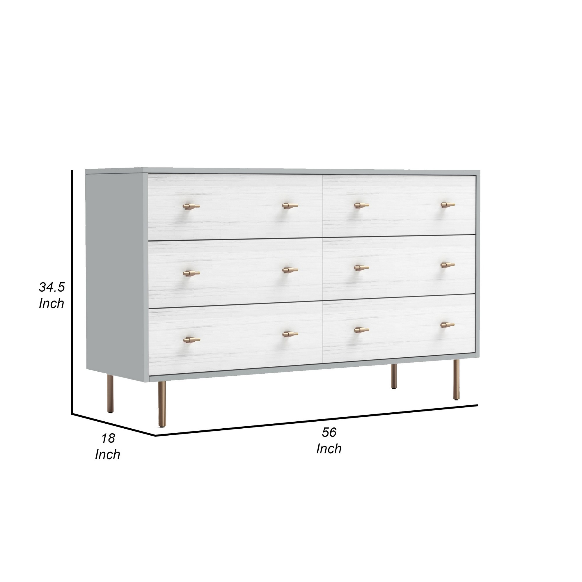 Benjara Dap 56 Inch 6 Drawer Dresser, Sleek Satin Gold Handles, White and Gray