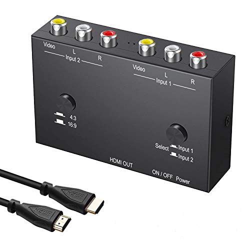 2AV to HDMI Converter Double RCA to HDMI Converter, 2 RCA Input 1HDMI Output Support 16:9/4:3 Compatible with WII, N64, PS1, PS2, PS3, VHS, VCR DVD Players etc (RCA to HDMI Converter)
