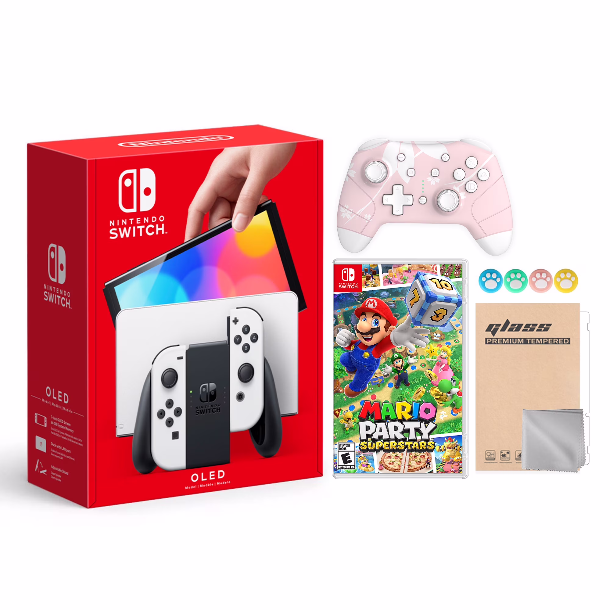 Switch OLED Model White 64GB Console HD Screen & LAN-Port Dock with Mario Party Superstars Game, Pro Controller Cherry Pink, Screen Protector and Joy-Stick Caps