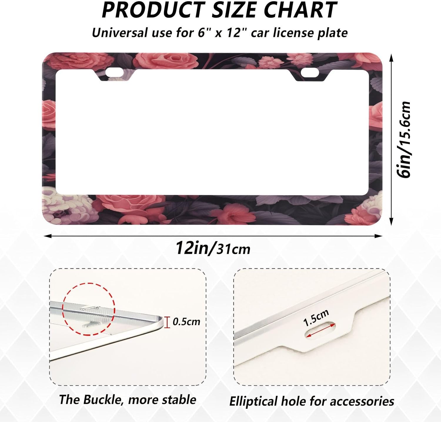 Skull Flowers License Plate Frame, Decorative Aluminum Car Tag Frames, 2 Pack Universal Car License Plate Covers with 2 Holes and Screws