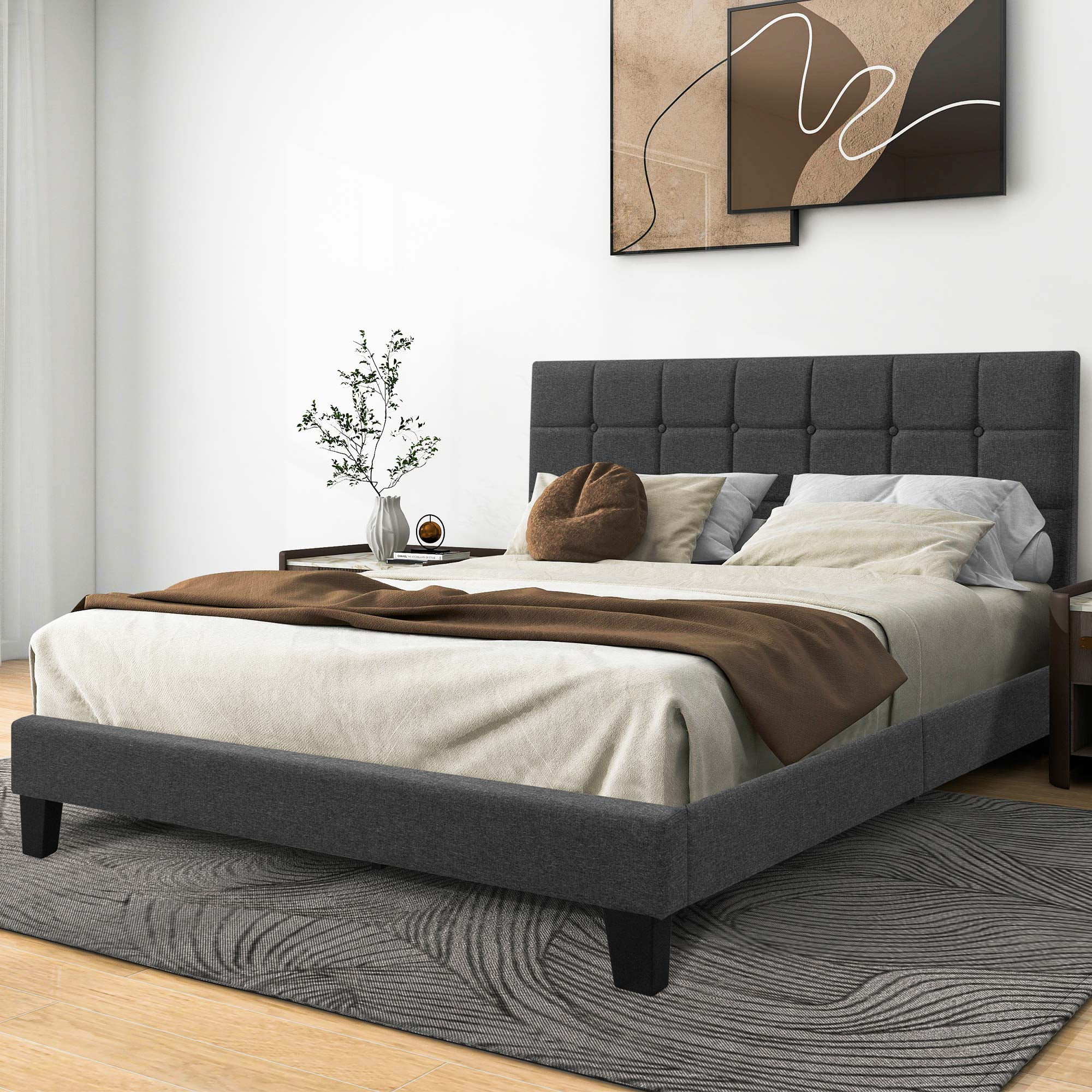 Queen Size Platform Bed Frame with Fabric Upholstered Headboard, Dark Grey