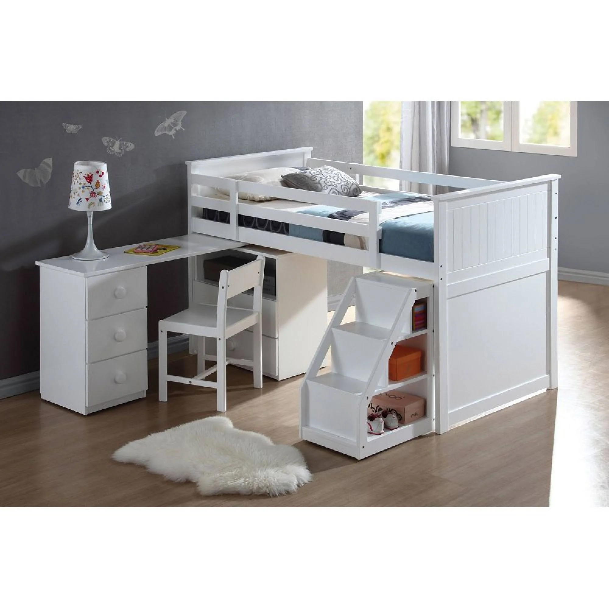 Miekor Furniture Wyatt Twin Loft Bed w/Chest, Swivel Desk & Storage Ladder in White