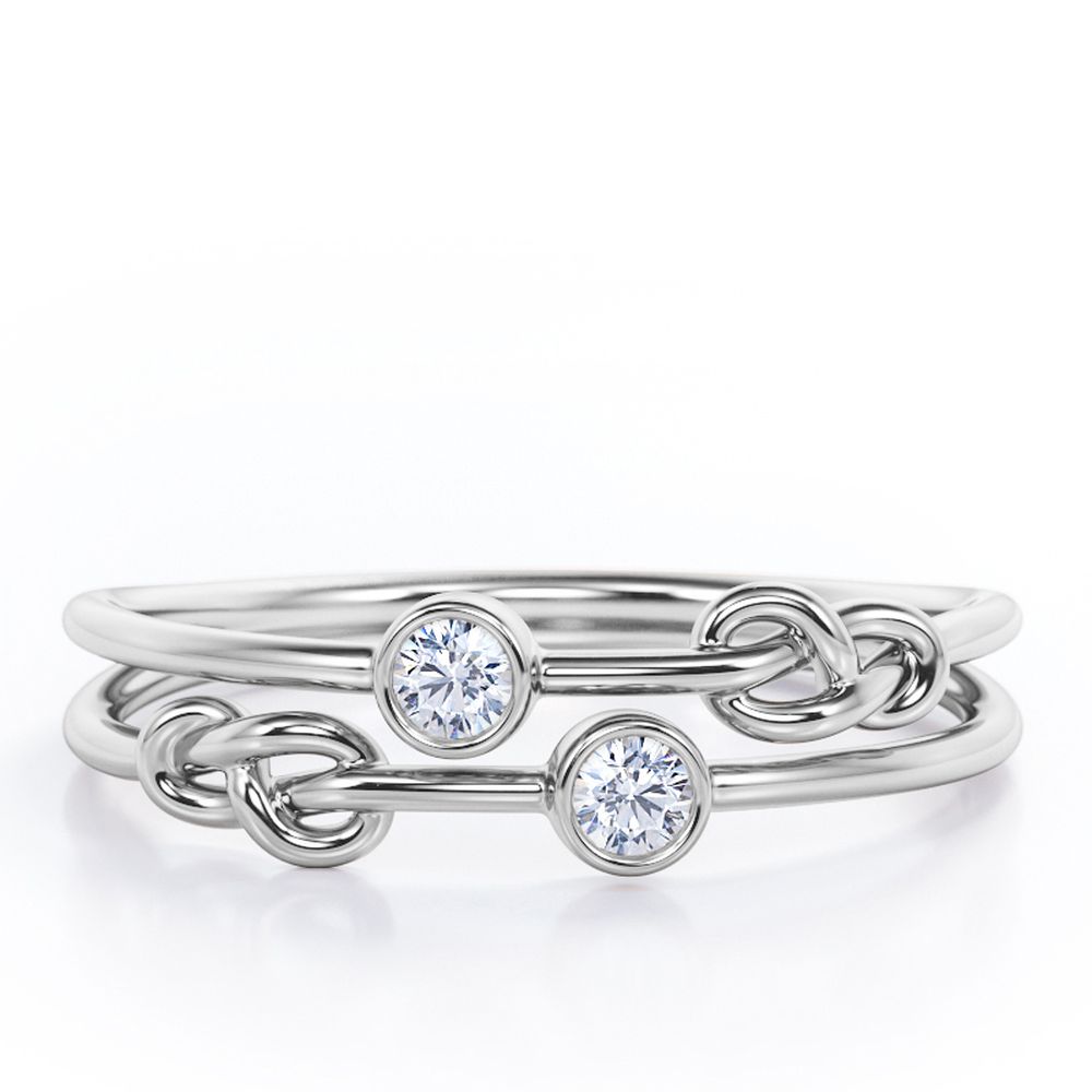 JeenMata Split Shank 0.10 TCW Round Shaped Moissanite Double Bezel and Square Knot Stackable Ring in 18K White Gold Plating over Silver