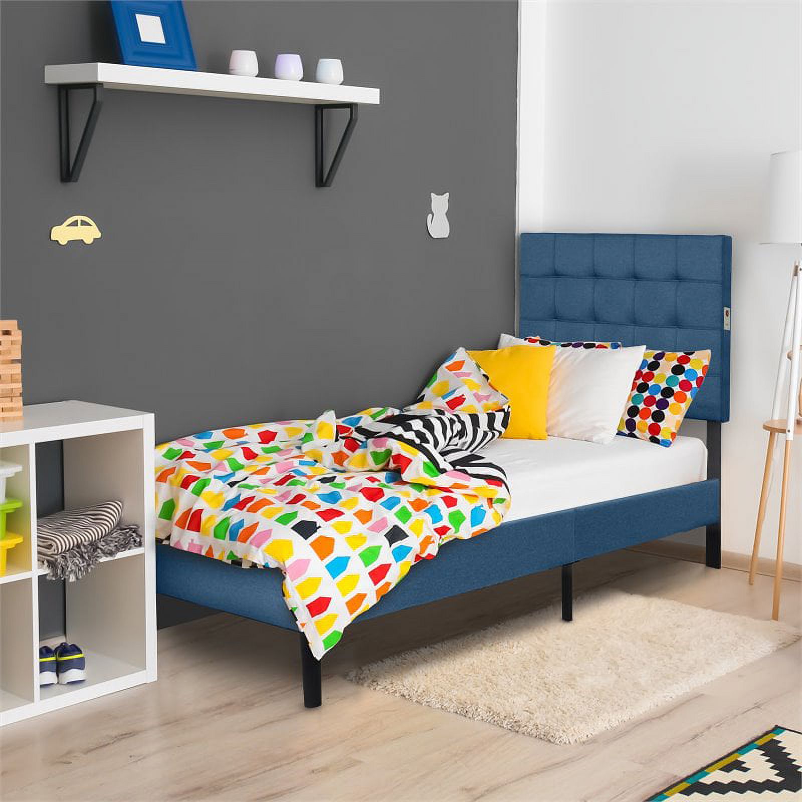 Pemberly Row Modern Fabric Tufted Twin LED Panel Bed in Dark Blue