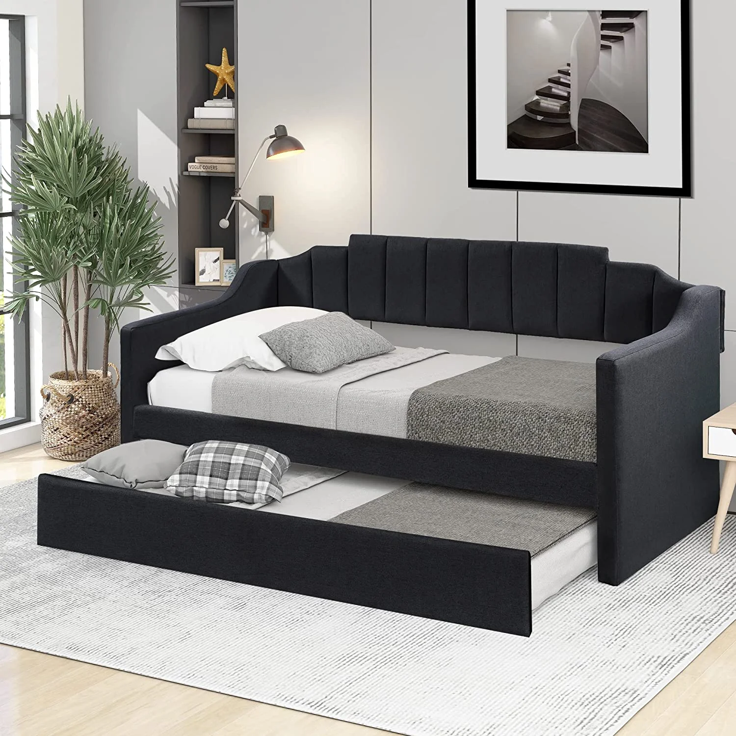 Daybed Wi Trundle, Upholstered Sofa Bed Wood Bed Frame Wi Swooping Arms, Daybed Frame No Box Spring Needed (Black)