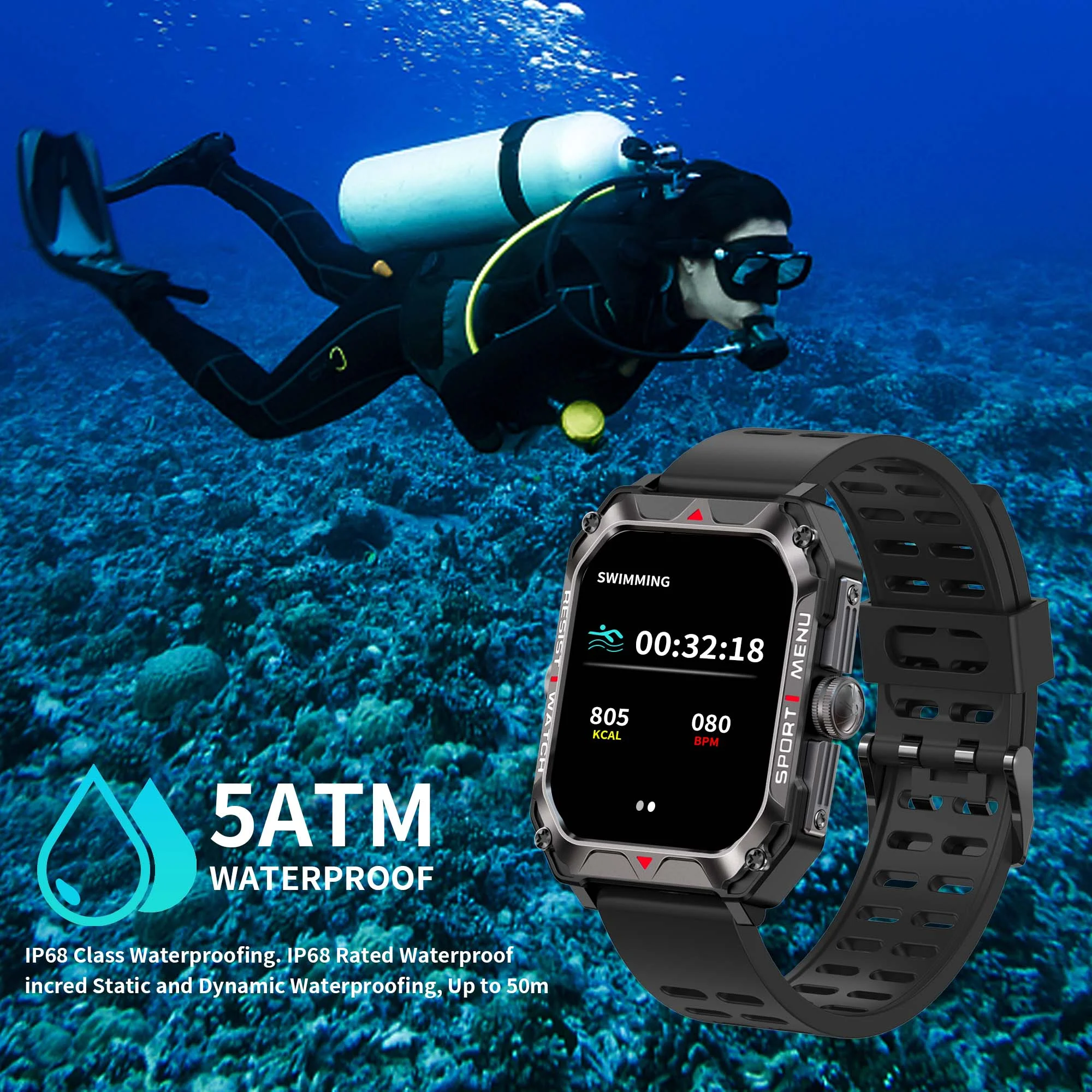 Allspin Smart Watch,  Answer/Make Calls 2.02''HD Touchscreen IP68 Waterproof Fitness Tracker Smartwatch for Android IOS with 2 Bands(Black, Orange)