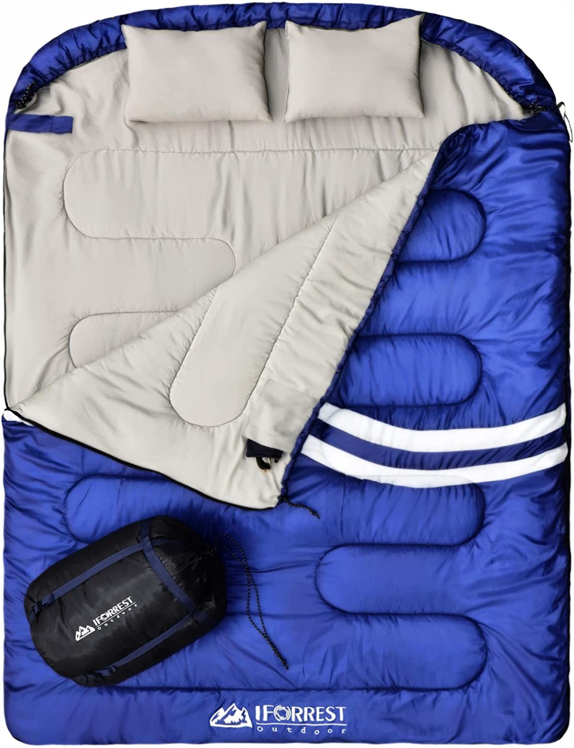 Double Sleeping Bag for Adults - 2 Person 20-50°F All Seasons Cold Weather Camping Bed, Extra-Wide & Warm - Queen Sized XXL with 2 Pillows