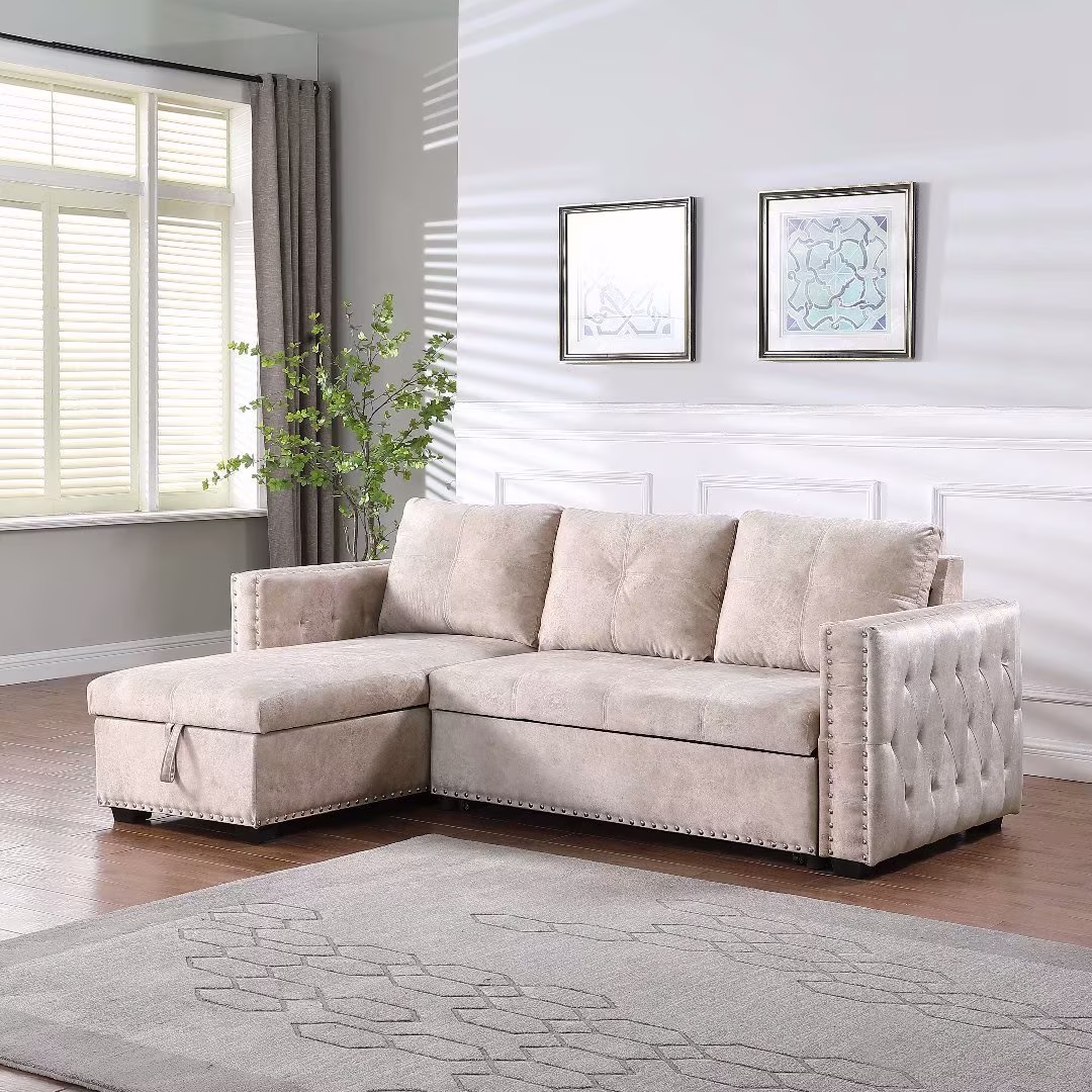 Morden Fort Sectional Sleeper Sofa Bed with L Shape Storage Chaise Reversible Beige Velvet