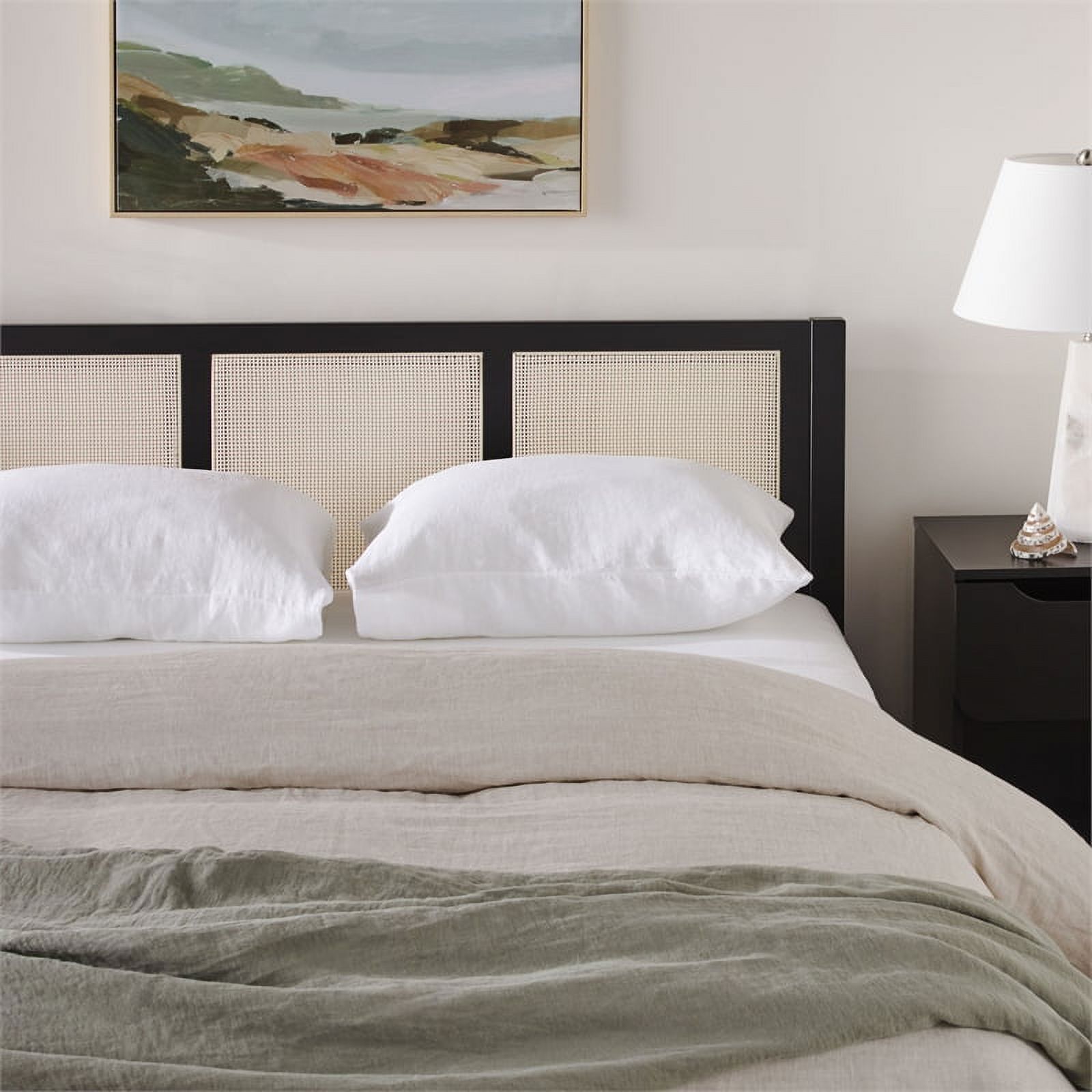 Pemberly Row Solid Wood Rattan Headboard Queen Bedframe - Black