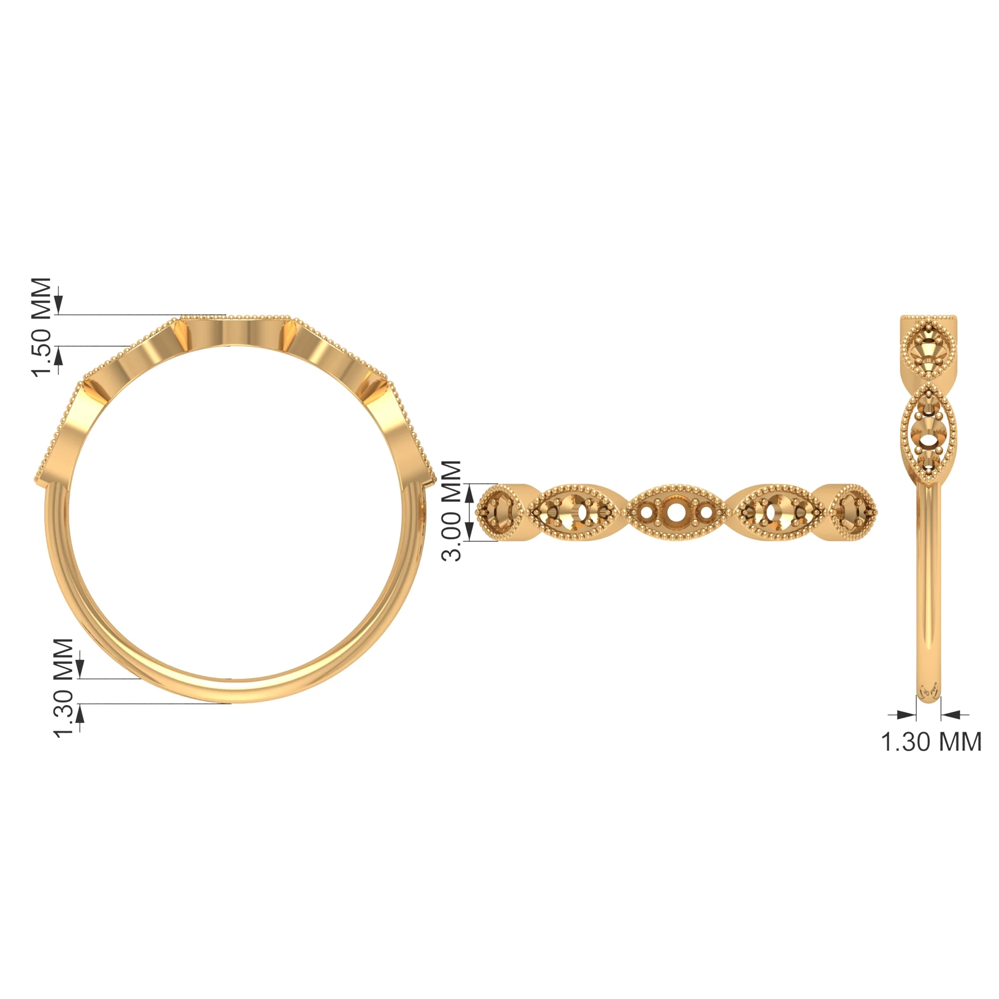 Moissanite and Gold Marquise Shape Stackable Ring with Milgrain Details, 925 Sterling Silver, US 4.00