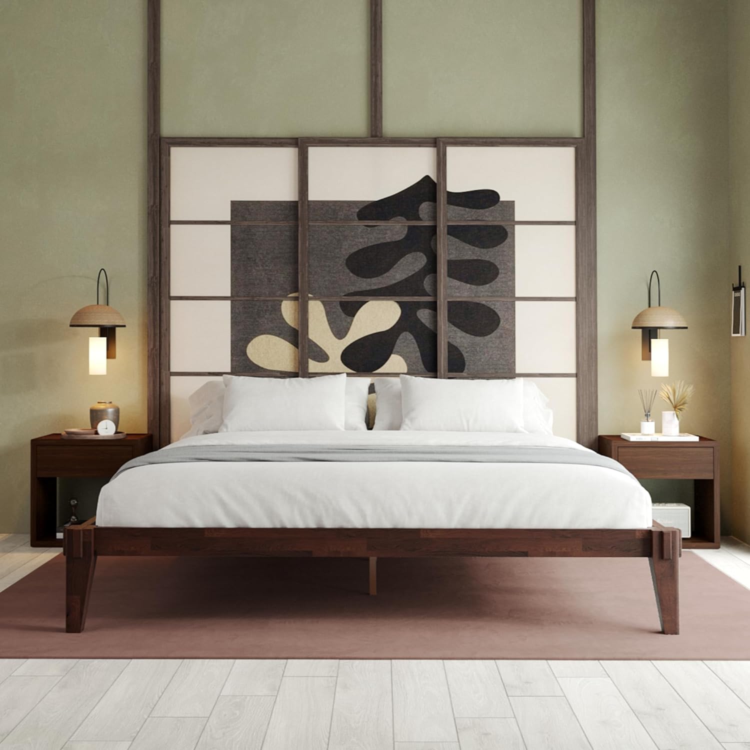 QCAI Chalipa 14” Queen Bed Frame - Solid Wood Platform Bed - Japanese Joinery Bed Frame - Wood Slat Support - No Box Spring Needed - Easy Assembly - Minimalist & Modern Style, Walnut