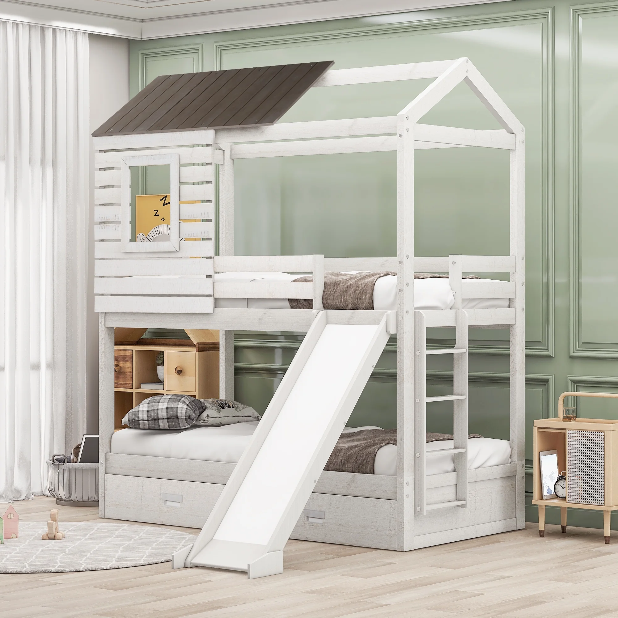 Floor Bunk Beds with Two Storage Drawers and Slide, Twin Over Twin House-Shaped Bunk Beds with Guardrail for Kids, No Box Spring Needed